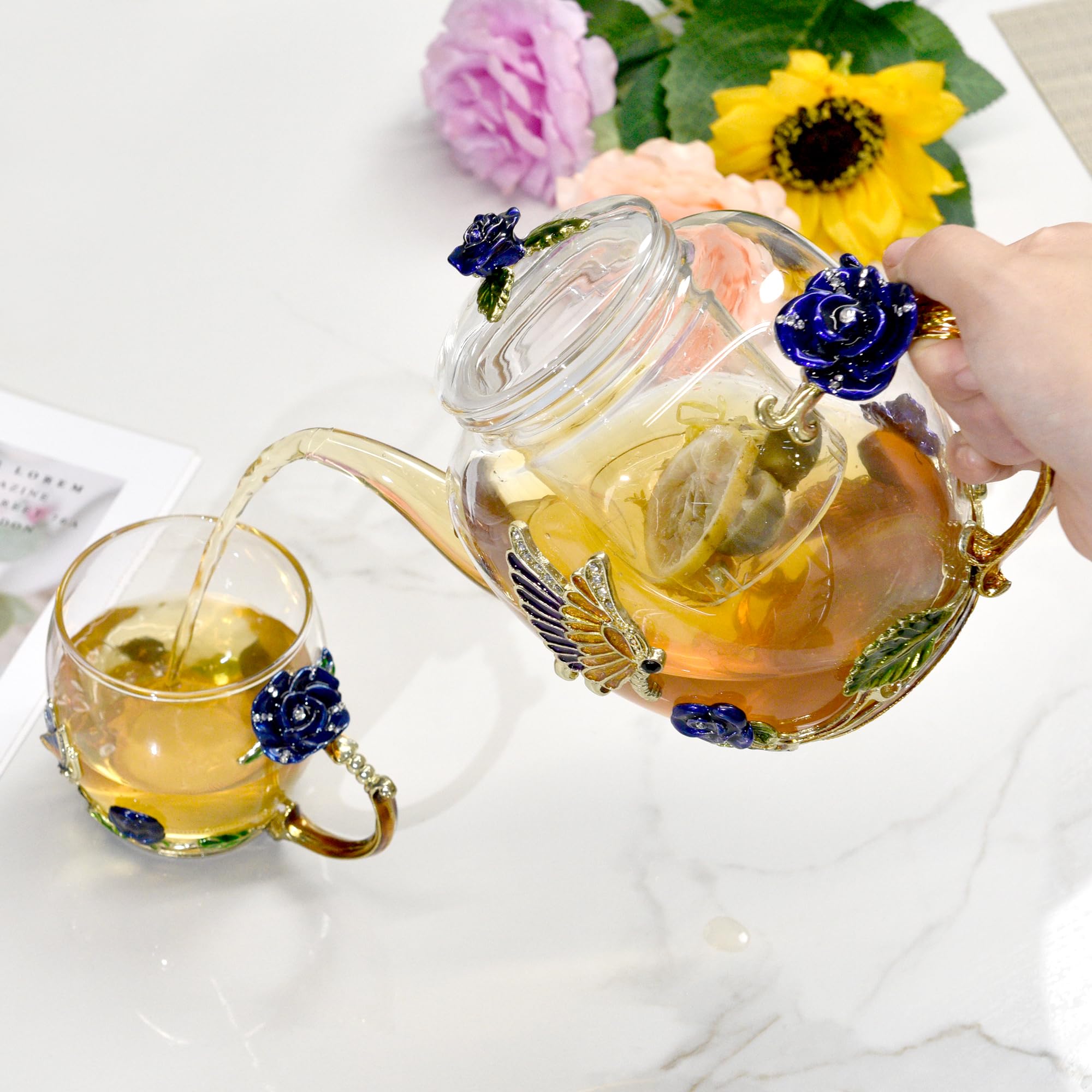 46oz/1300ml Blue Rose Enamel Glass Teapot with Infuser & Lid - Floral Butterfly & Gold Trim Design - Perfect Gift for Mom, Women, Mother's Day & Birthday - Ideal for Tea Parties, Afternoon Tea & Home Decor