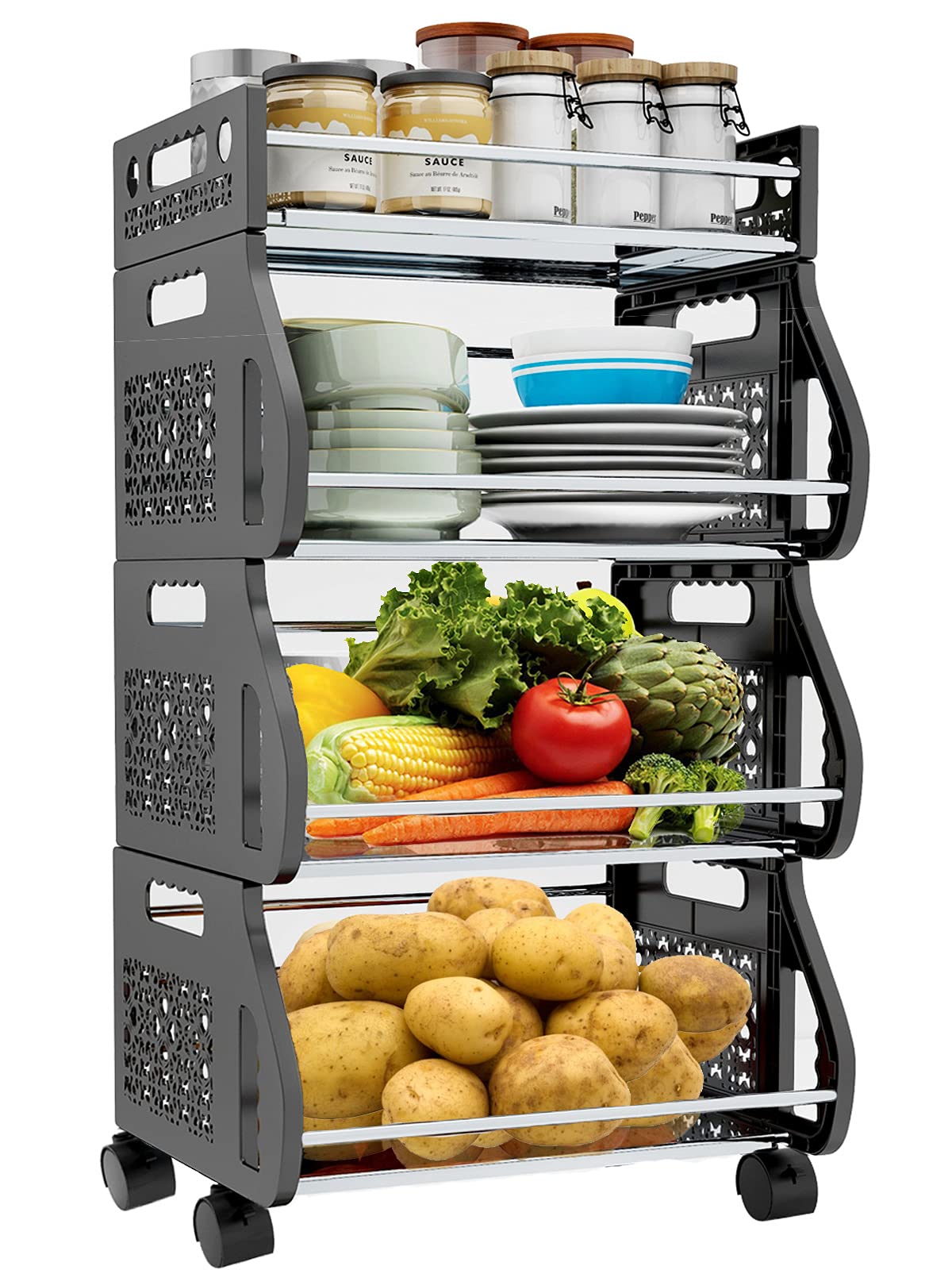 HEROPIE 4-Tier Stackable Metal Storage Basket Organizer for Fruits, Vegetables - Kitchen, Pantry, Closet, Bedroom, Bathroom & Garage Storage Solution | Perfect for Organizing Produce, Snacks & Household Items