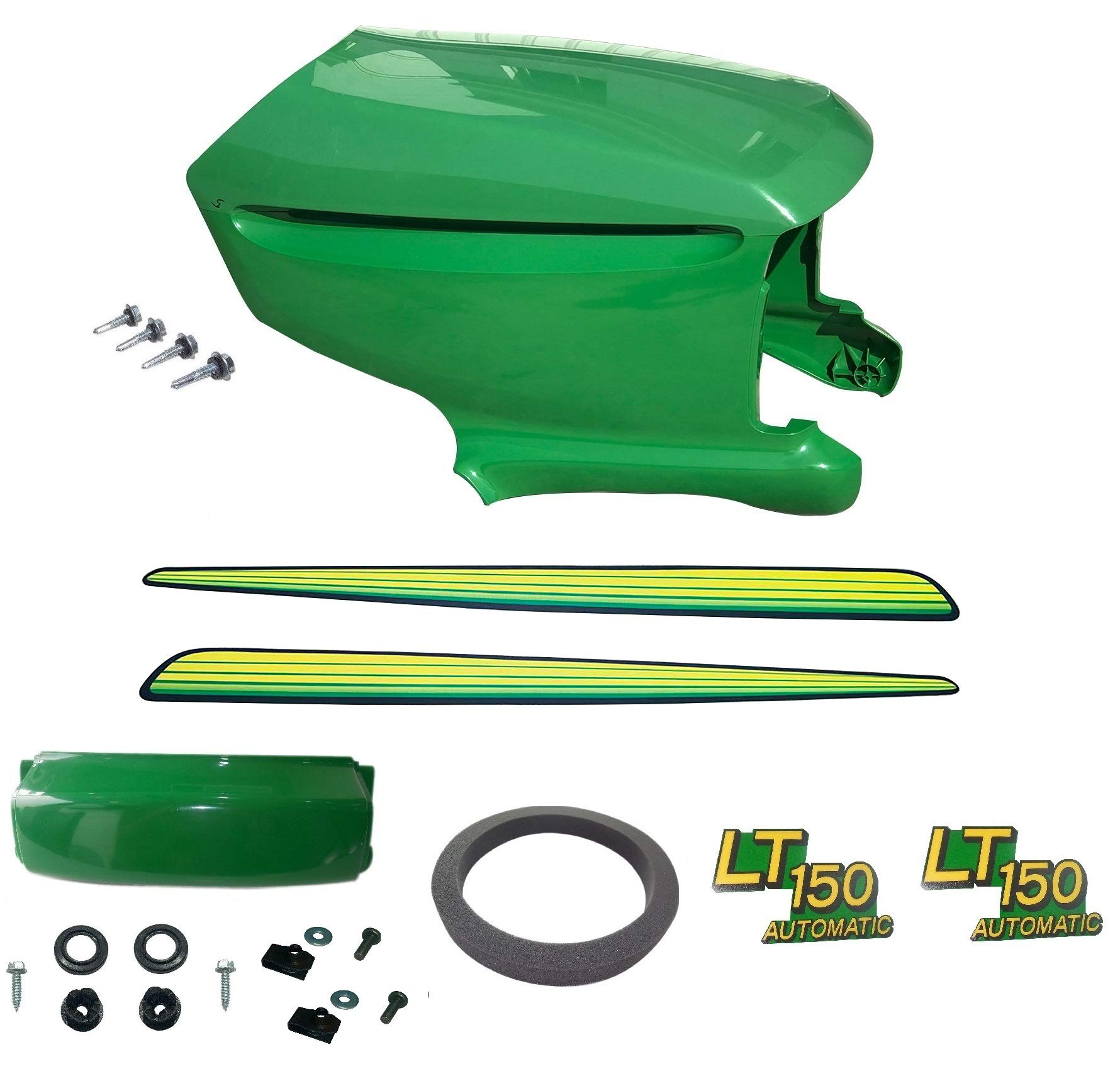 New Upper & Lower Hood, Bumper, Foam Isolator & LH/RH Stickers - Compatible with John Deere LT150 Tractor - Perfect for DIY Repairs & Maintenance