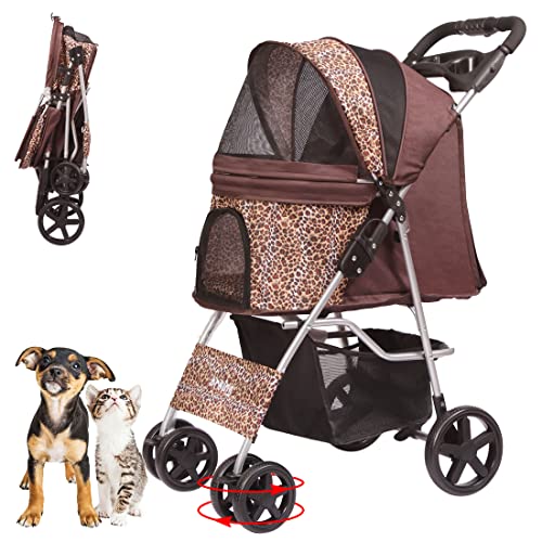 Foldable Lightweight Pet Stroller for Small & Medium Dogs & Cats - 4 Wheel Leopard Print Design with Storage Basket | Perfect for Outdoor Walks, Vet Visits & Shopping Trips