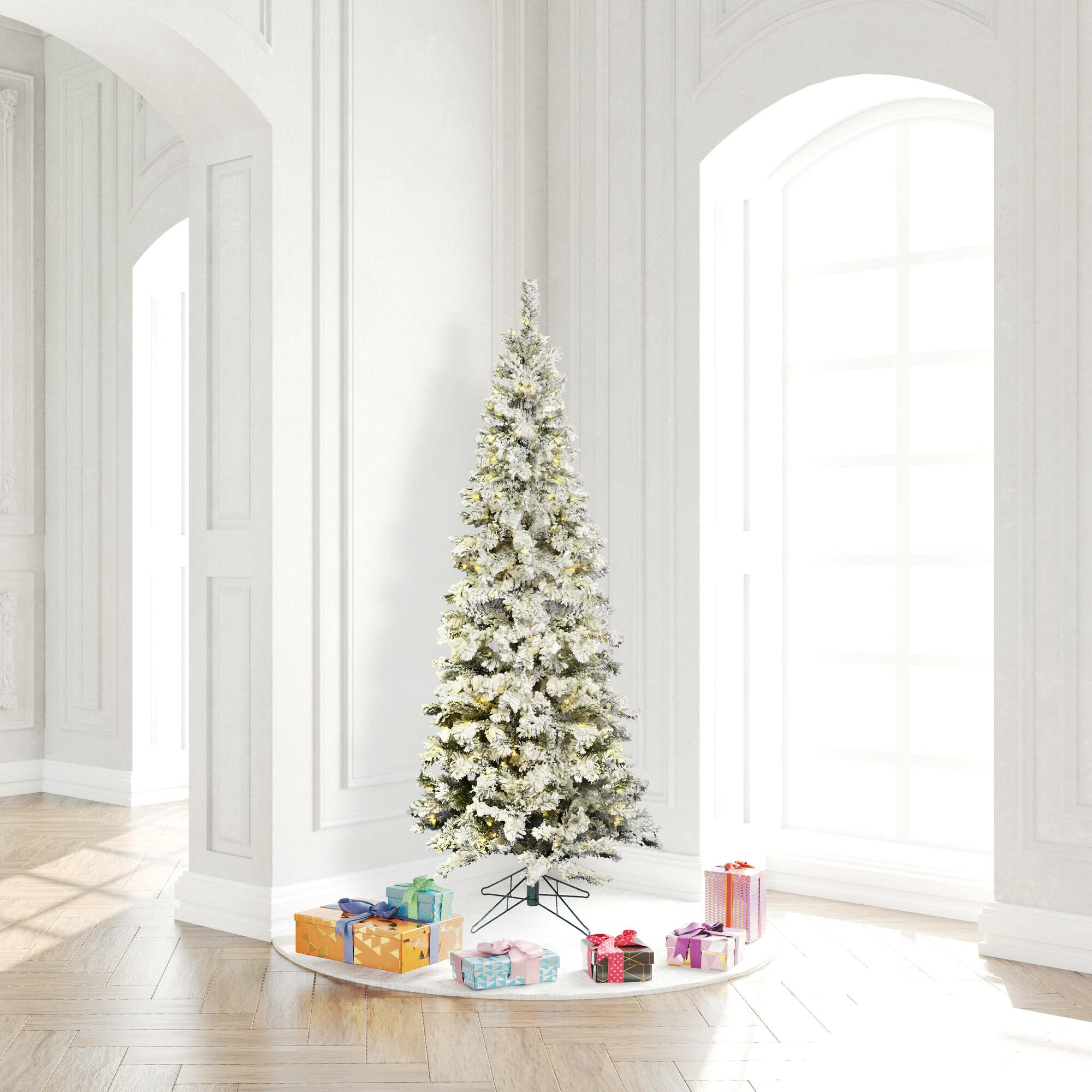 Vickerman 6.5ft Flocked Artificial Christmas Tree with Pure White LED Lights - Realistic Pencil Pine Design for Holiday Home Decor - Low Maintenance Indoor Christmas Tree for Living Room, Office & Seasonal Celebrations