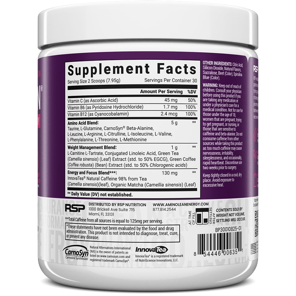 RSP NUTRITION AminoLean Pre Workout Powder - Vegan BCAA Amino Acids with Natural Caffeine for Energy & Weight Management | Preworkout Boost for Men & Women | 30 Servings | Ideal for Gym, Fitness & Weight Loss Training