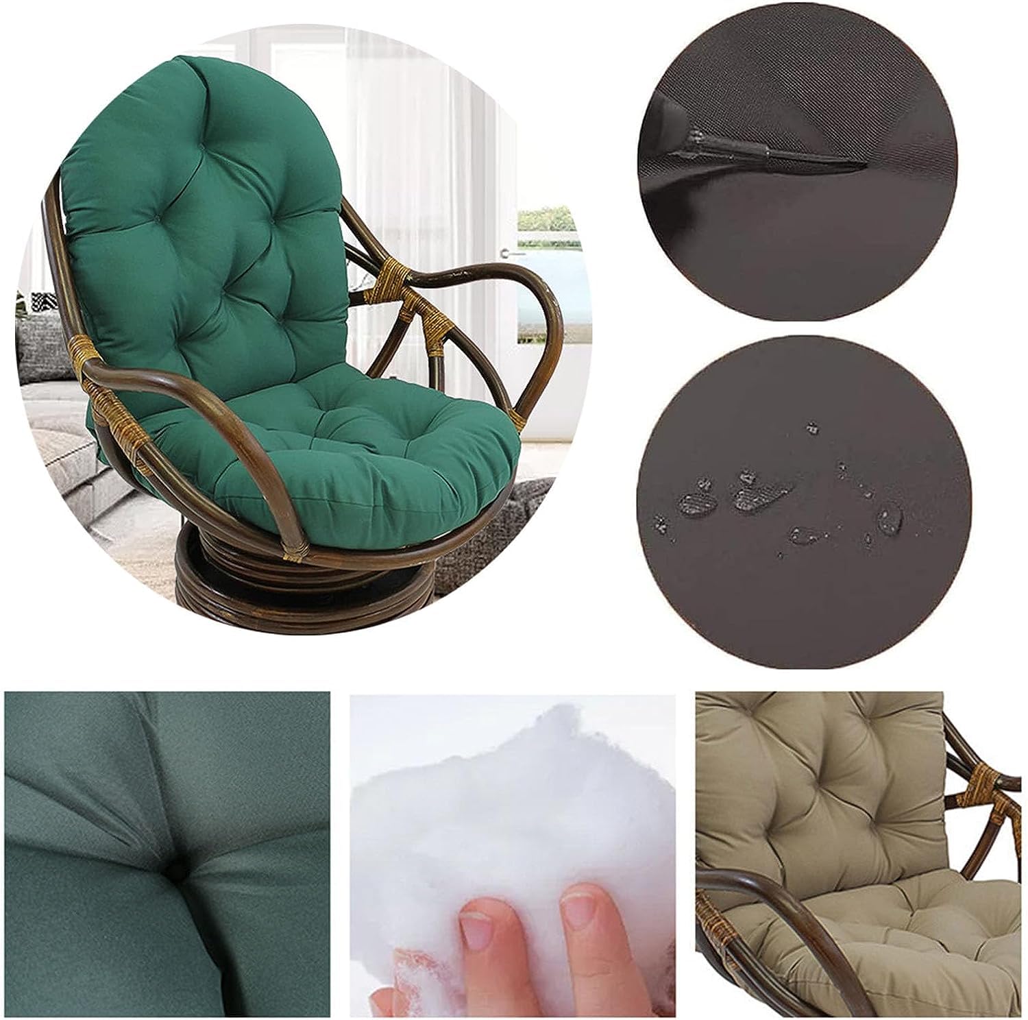 Premium Rattan Swivel Rocker Chair Cushion - Waterproof Outdoor/Indoor Rocking Chair Seat Cushion with Ties - Beige Twill Fabric for Patio, Garden, Hammock & Nursery (Only Cushion) - Perfect for Relaxing, Reading & Lounging