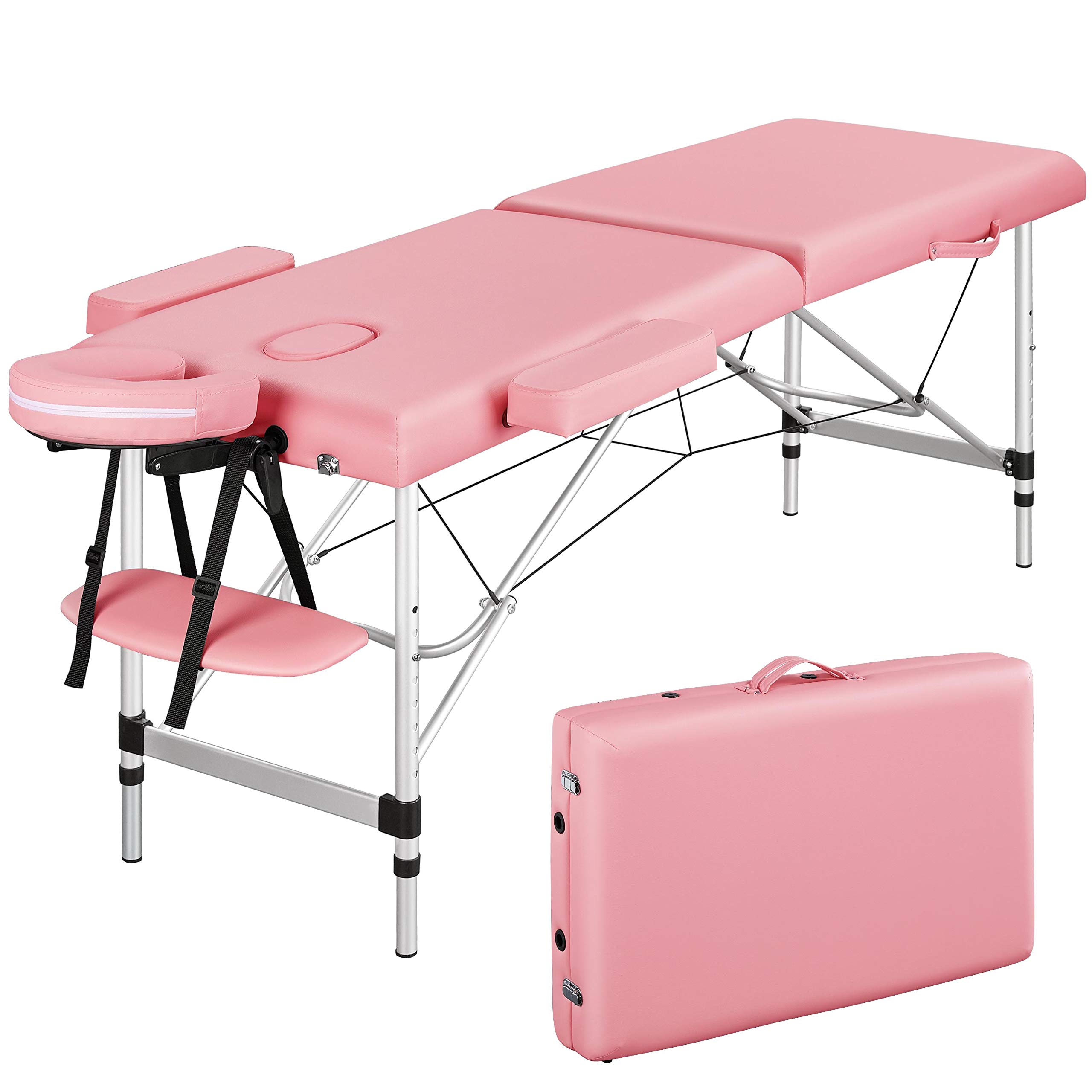 Yaheetech Portable Massage Table - Adjustable Spa Bed for Facial, Tattoo & Eyelash Extensions - Lightweight Aluminum Frame with Pink Vinyl Upholstery - Perfect for Salons, Spas & Home Use