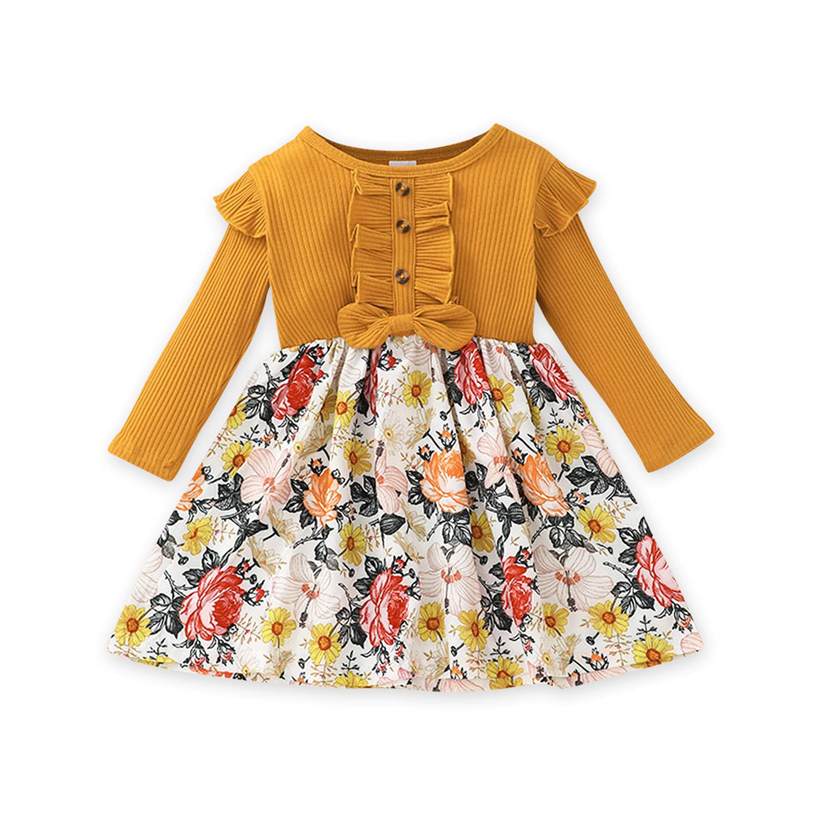 PatPat Baby Toddler Floral Print Bowknot Dress - Colorblock Round Neck Long Sleeve Fall Dress for Girls 1-3 Years | Perfect for Birthday Parties, Family Photos & Autumn Outings