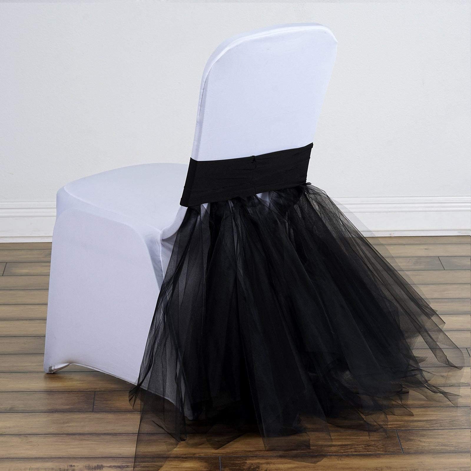Efavormart 50pcs Black Stretchy Spandex Tulle Tutu Chair Covers for Wedding, Banquet & Party Decor - Elegant Fitted Slipcovers for Dining Events & Bridal Showers