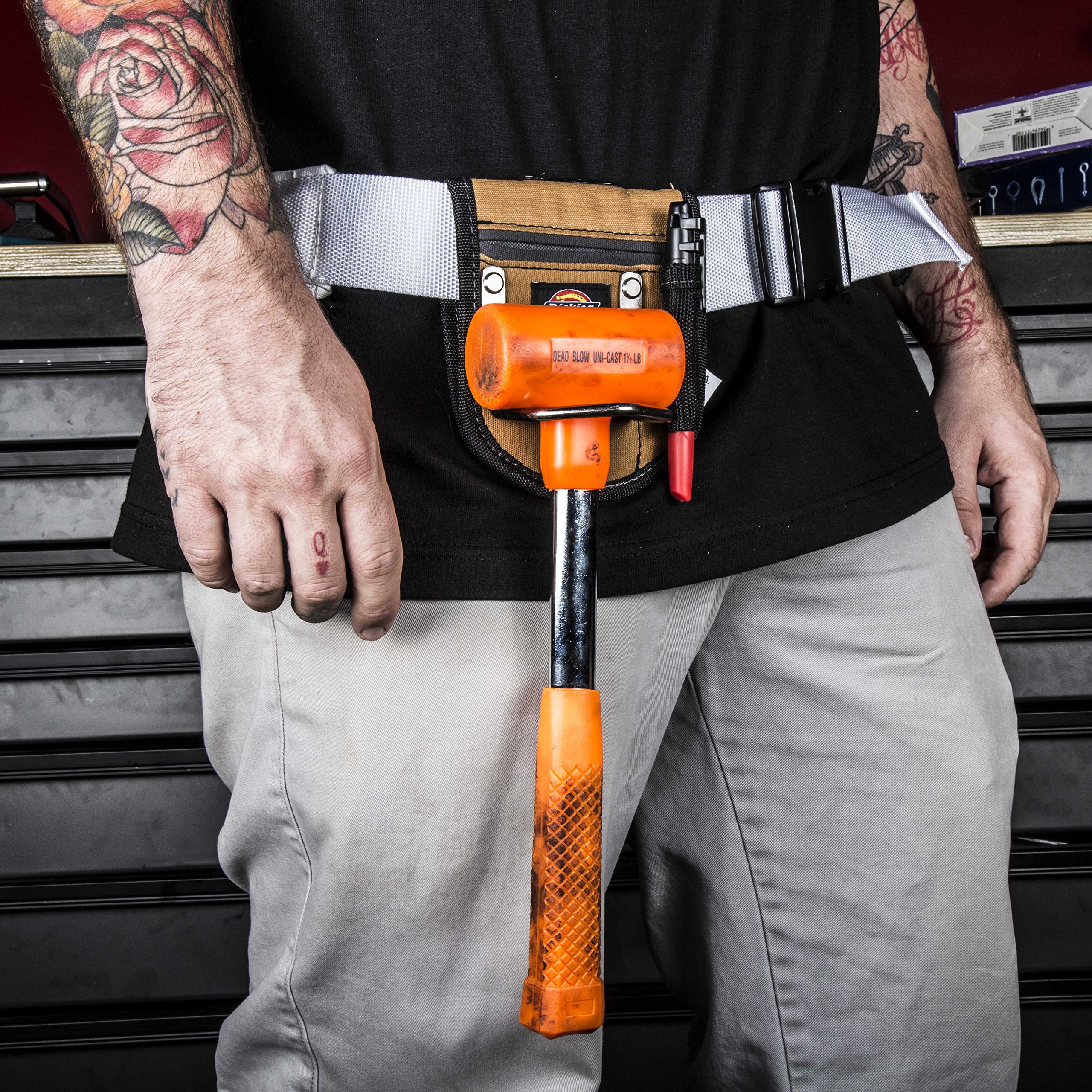 Dickies 2-Compartment Hammer Holder for Tool Belts - Durable Canvas Tool Pouch with Extra Loop & Pocket - Fits 4.5