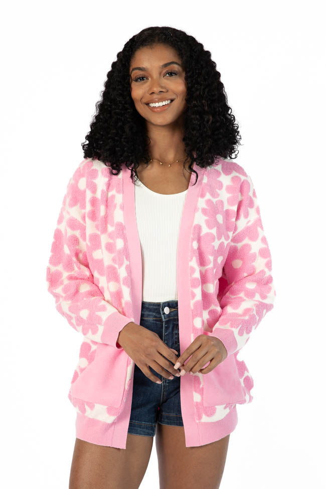 Stylish Pink Floral Print Terry Cloth Cardigan for Women - Soft & Comfortable Lightweight Cover-Up - Perfect for Spring, Summer, Beach, and Casual Outfits