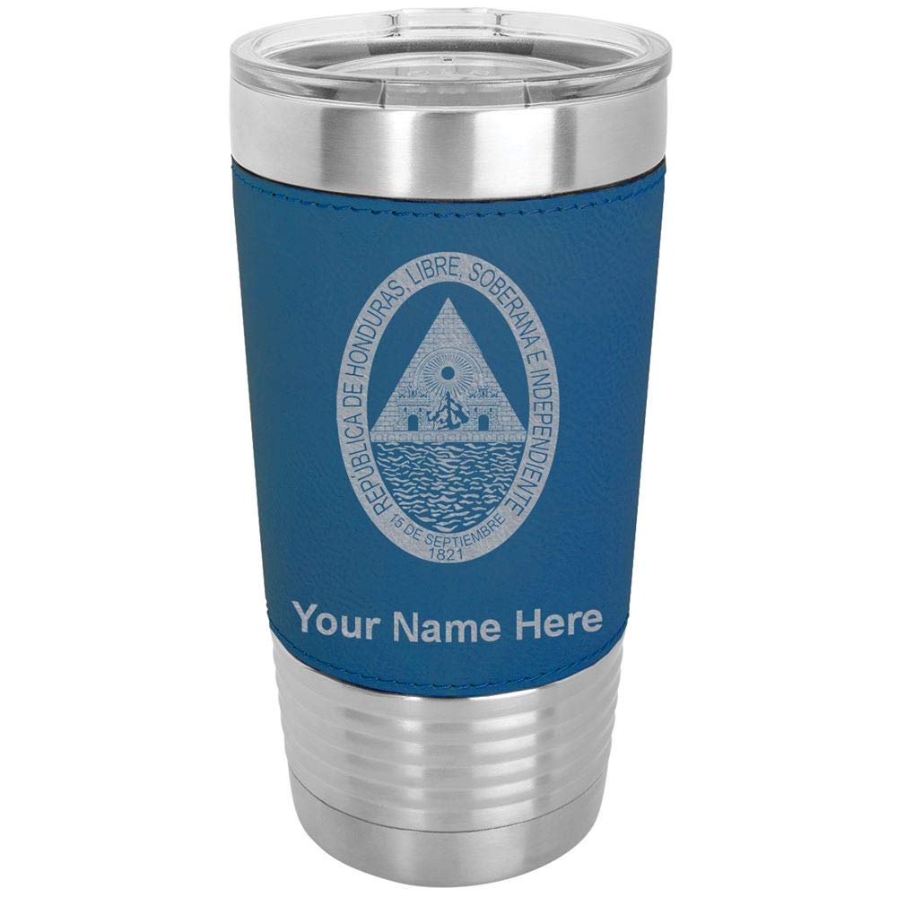 LaserGram 20oz Vacuum Insulated Stainless Steel Tumbler Mug with Honduras Flag Design - Personalized Engraving, Faux Leather Base & Blue Color - Perfect for Travel, Office & Outdoor Activities