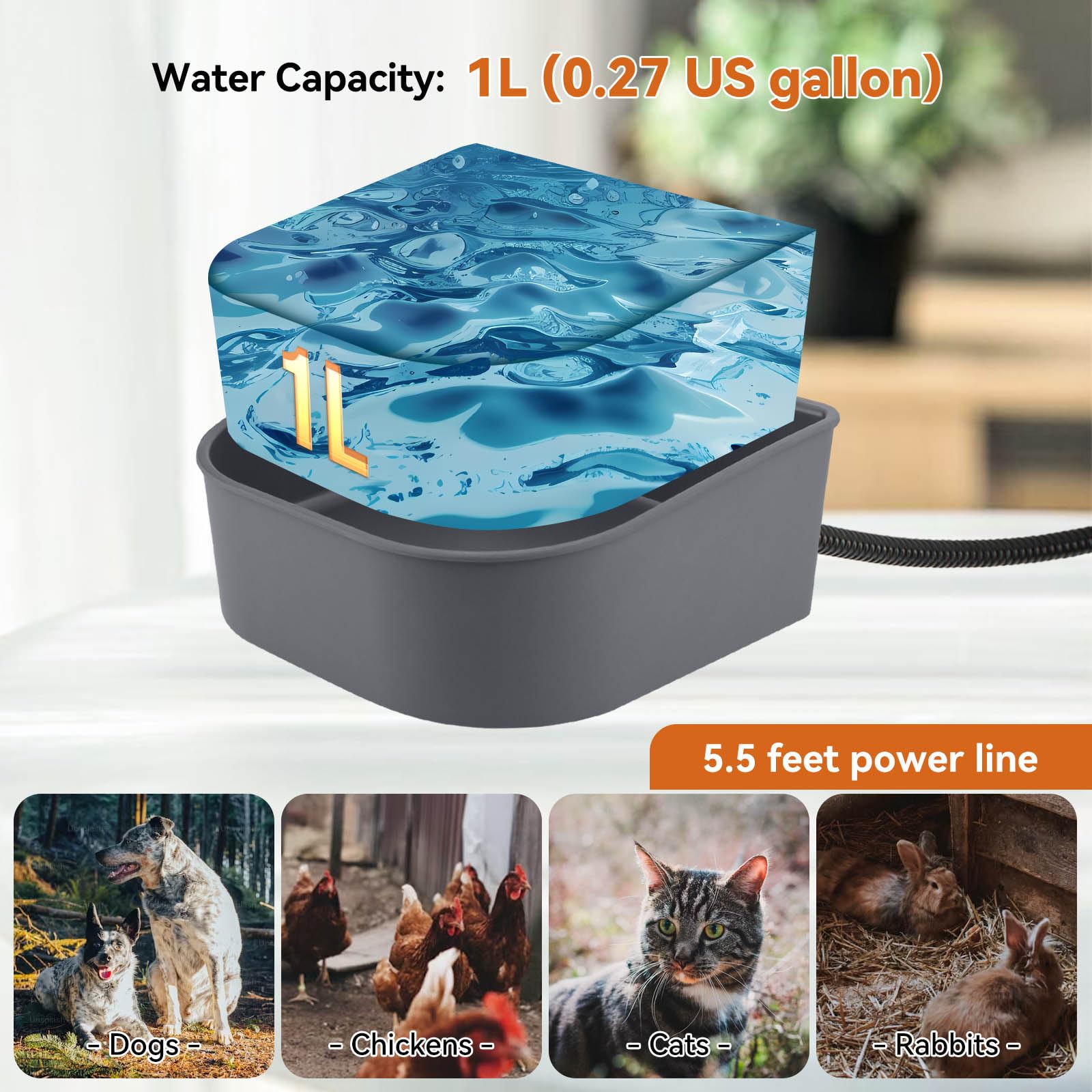 NAMSAN 1L Small Heated Pet Bowl for Cats, Rabbits, Dogs - Outdoor Heated Water Dish for Chickens & Birds - Indoor Thermal Dog Crate Bowl & Hanging Kennel Cage Feeder with Removable Design | Perfect for Winter Pet Care, Backyard Poultry & Travel Use