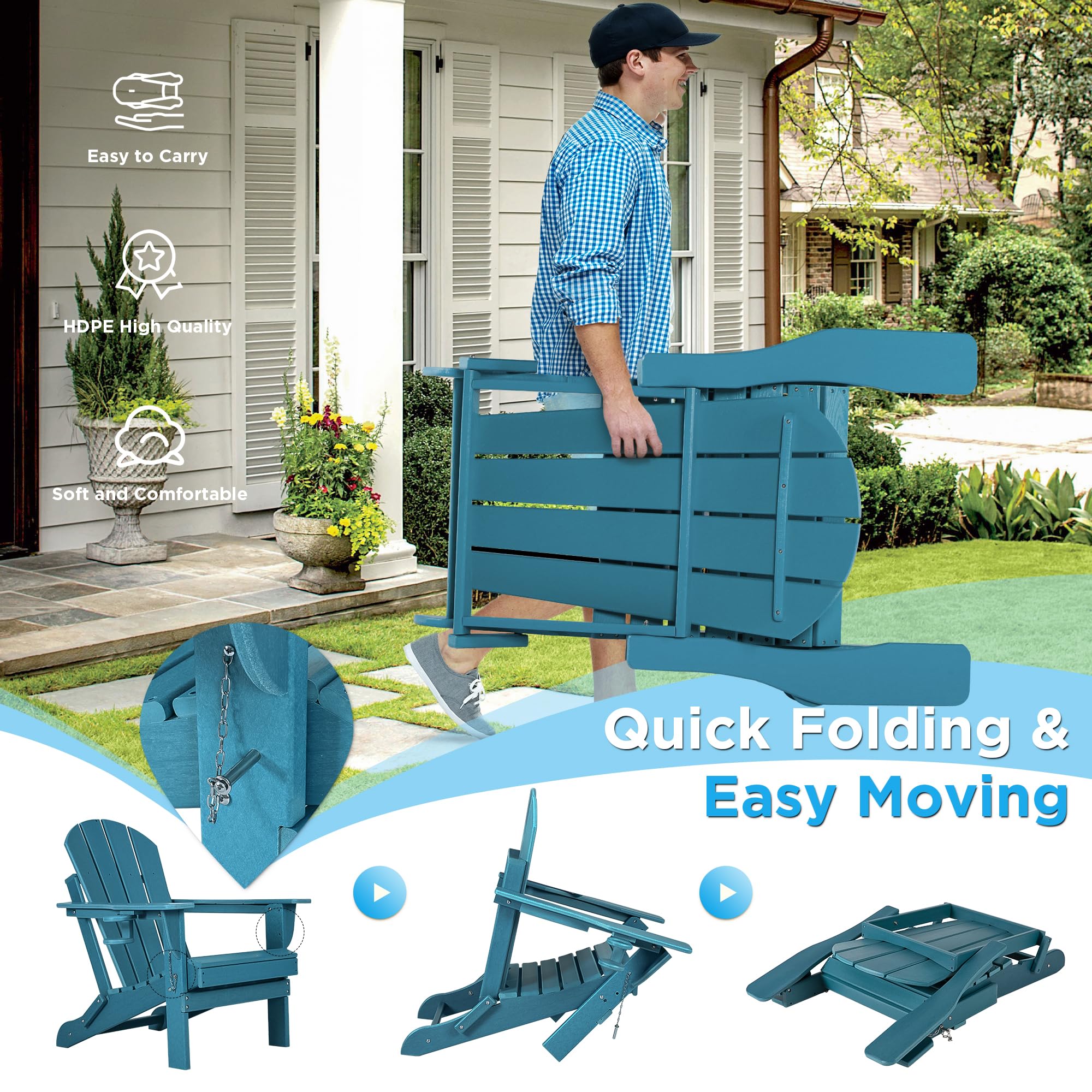 Nalone 2-Pack Folding Adirondack Chairs with Cushions & Cup Holders - HDPE Plastic Oversized Weather-Resistant Outdoor Patio Chairs for Backyard, Deck, Garden, Poolside, Camping & Fire Pit (Blue)