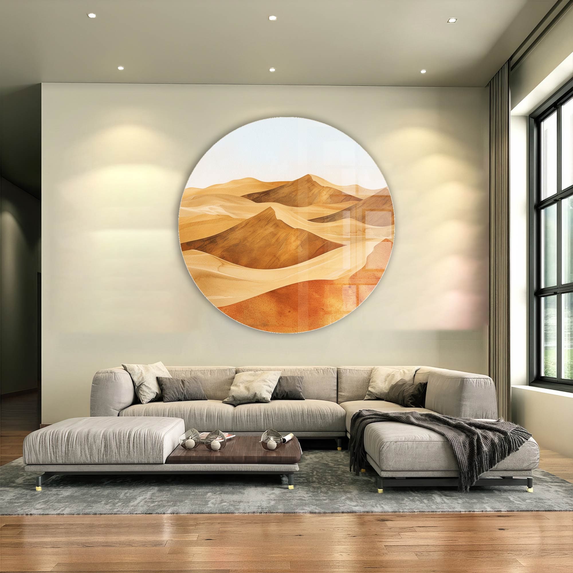 Modern Rounded Glass Wall Art - Desert Landscape Design for Living Room, Bedroom & Office Decor