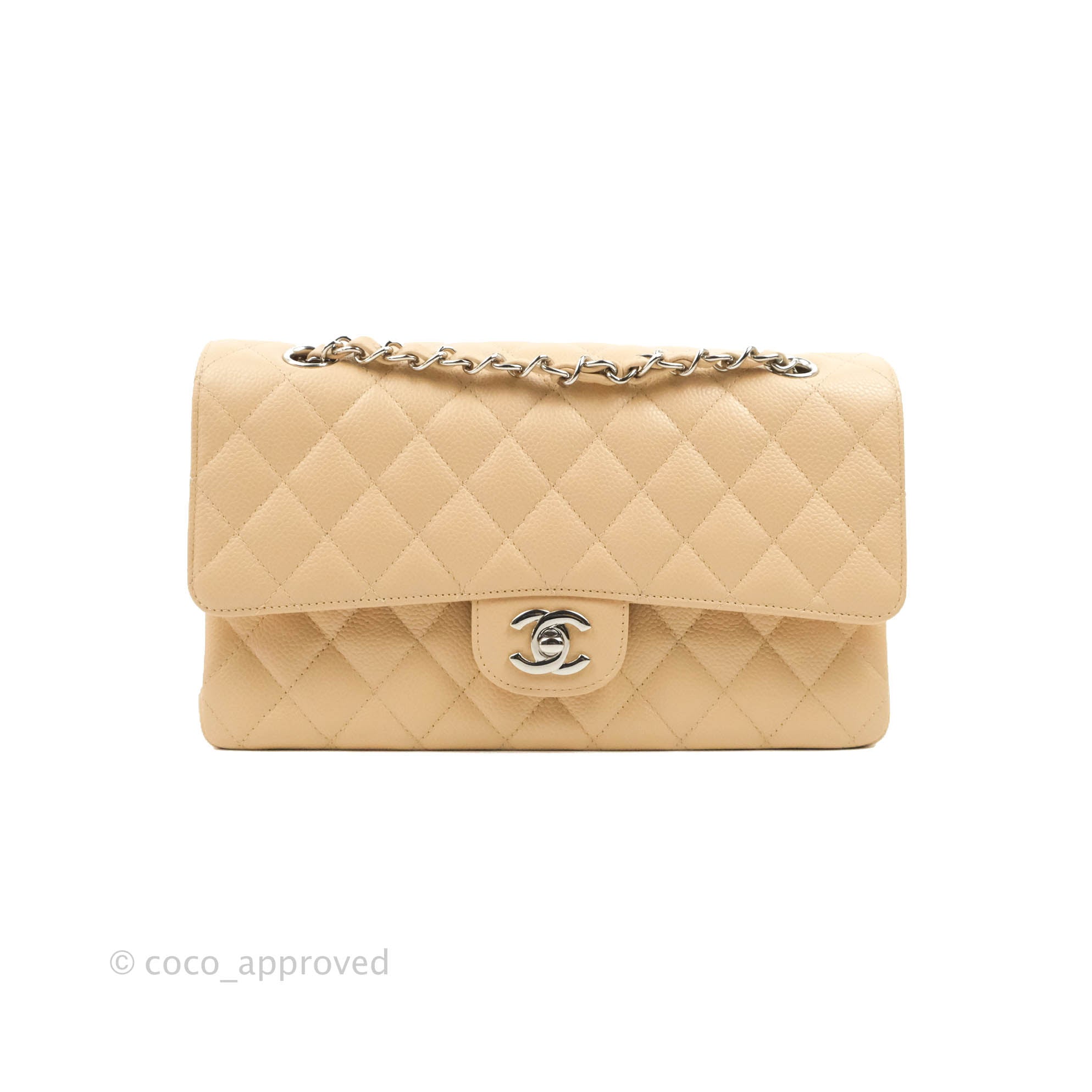 Chanel Classic Medium Double Flap Bag Quilted Beige Caviar Leather with Silver Hardware - Luxury Designer Handbag for Women, Perfect for Work, Evening Events & Special Occasions
