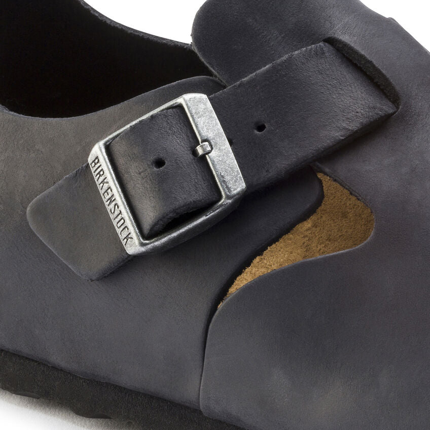 Birkenstock London Oiled Leather Classic Footbed Sandals - Black | Comfortable & Durable Leather Slides for Men & Women | Perfect for Casual Wear, Home & Office