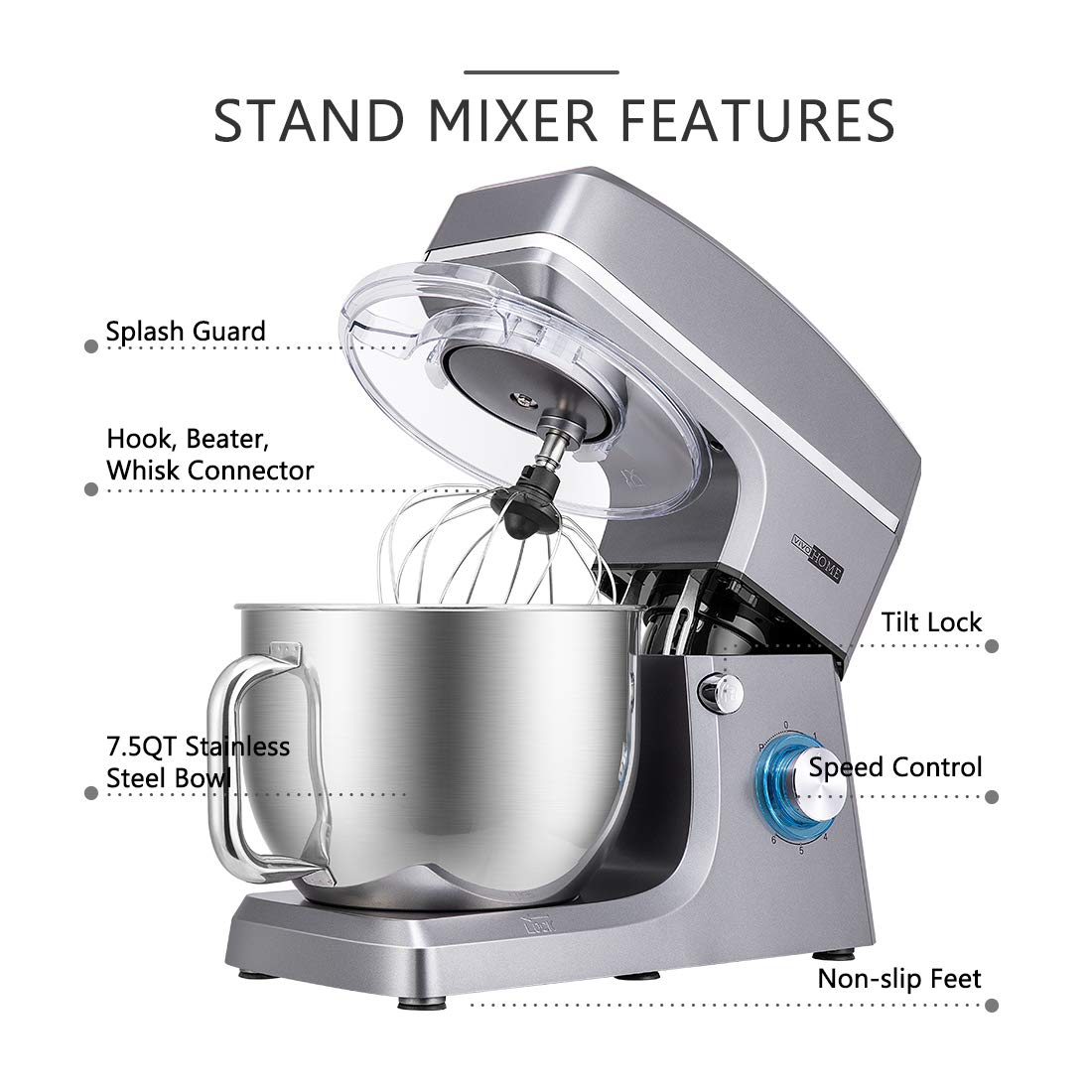VIVOHOME 7.5 Quart Stand Mixer - 660W 6-Speed Tilt-Head Electric Kitchen Mixer with Beater, Dough Hook, Wire Whip & Egg Separator - Heavy Duty Baking & Cooking Appliance for Cakes, Cookies, Bread & Dough - Iron Gray
