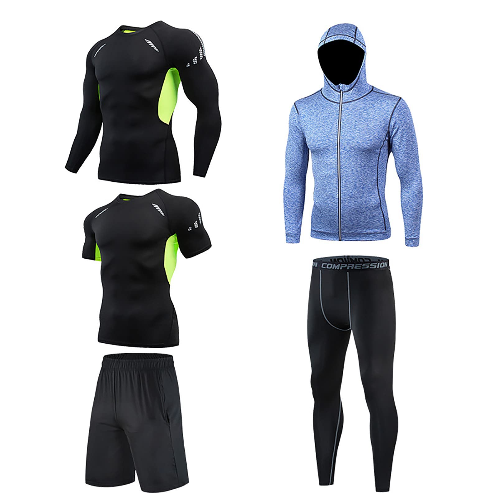 5 Pack Men's Gym Clothes Set - Compression Underwear, Running Shorts with Zip Pocket & Drawstring, Workout Leggings & Loose Fitting Sports Wear for Training, Jogging & Fitness Activities
