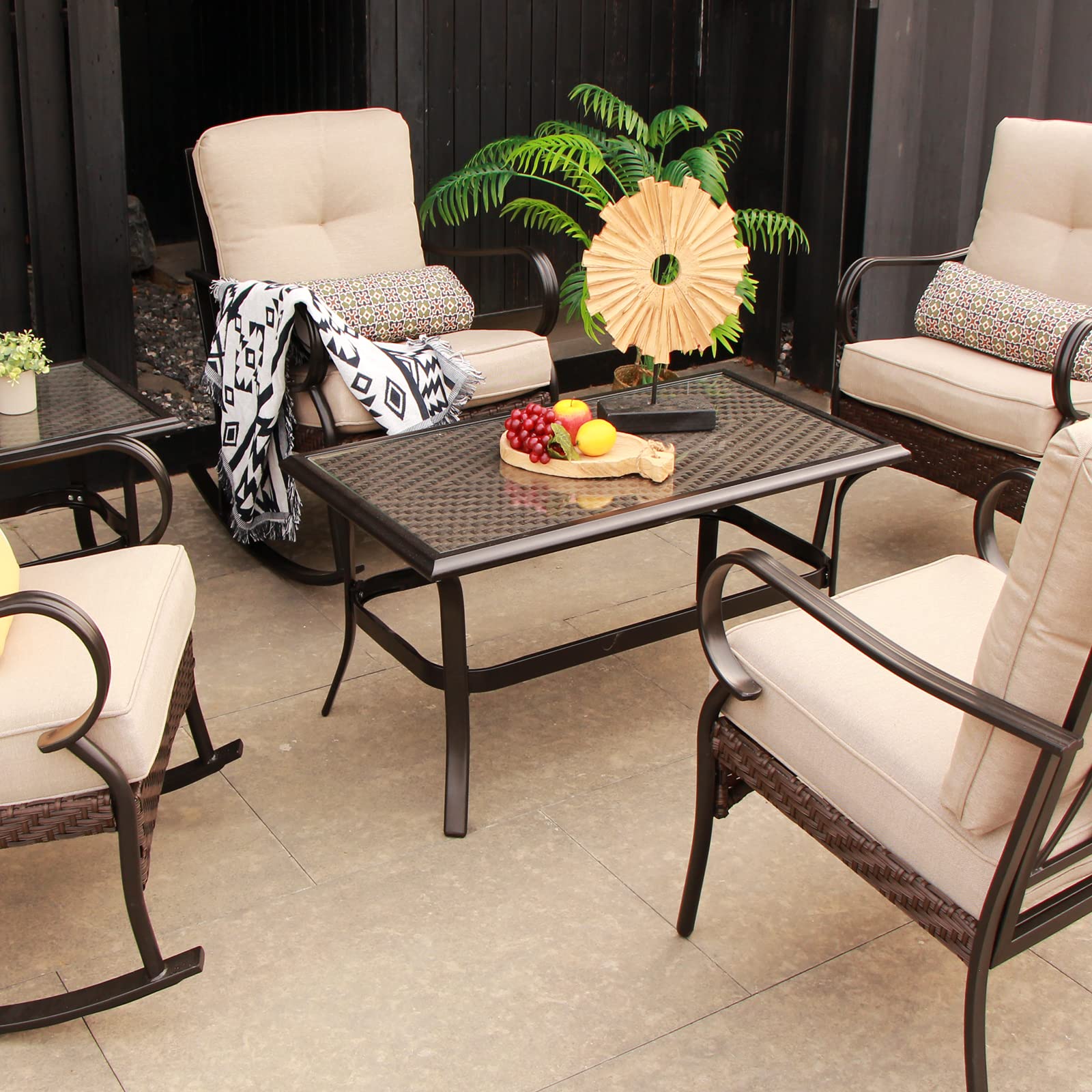 Black Rectangle PE Wicker Outdoor Coffee Table with Glass Top - Patio End Side Table for Garden, Lawn, Balcony & Porch - Perfect for Relaxing, Entertaining & Outdoor Dining