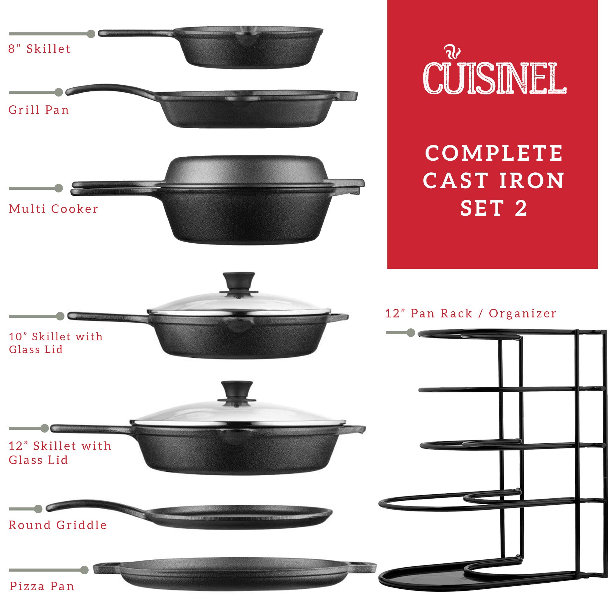 17-Piece Cast Iron Cookware Set - Pre-Seasoned Skillets (8