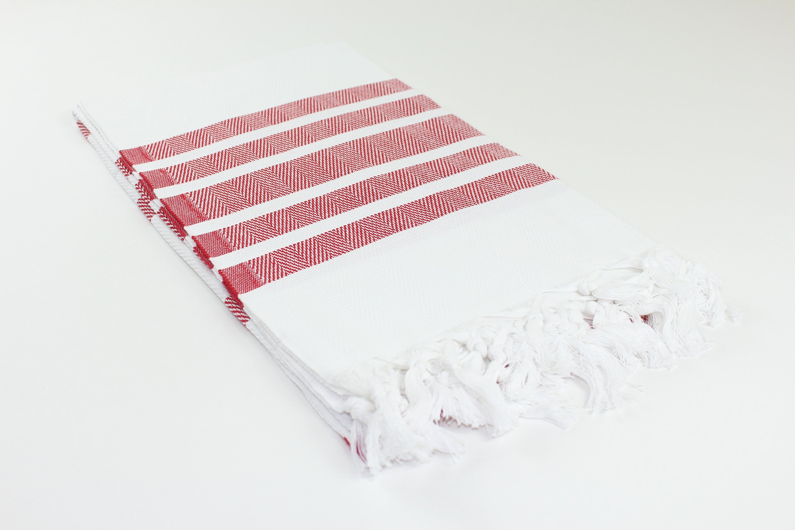 Premium Herringbone Turkish Towel Peshtemal - 100% Authentic Turkish Cotton for Bath, Beach, Pool & Spa - White & Red - Perfect for Travel, Yoga & Hammam