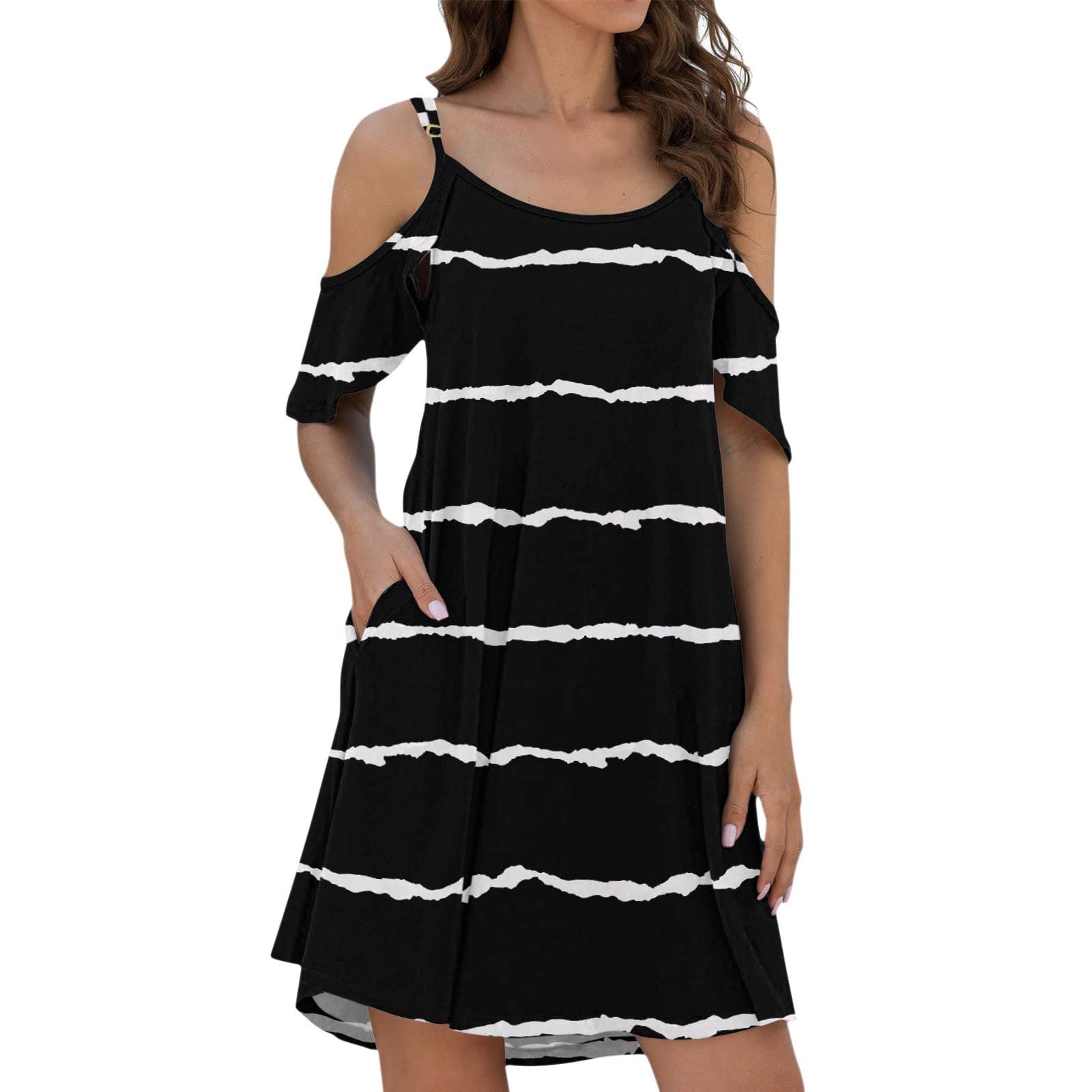Women's Summer Casual Cold Shoulder Striped Short Sleeve Swing Dress with Pocket - Beachwear, Vacation Outfit, Outdoor Party Dress for 2022 Fashion Trends