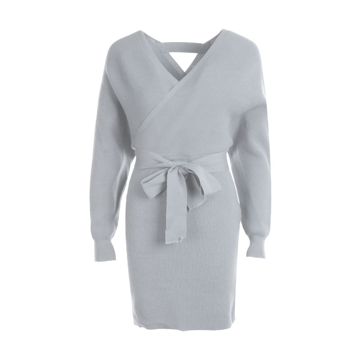 Elegant Women's Long Lantern Sleeve Short Dress with Crewneck & Tie Waist - Knit Cocktail Party Dress for Evening Events, Date Night & Special Occasions