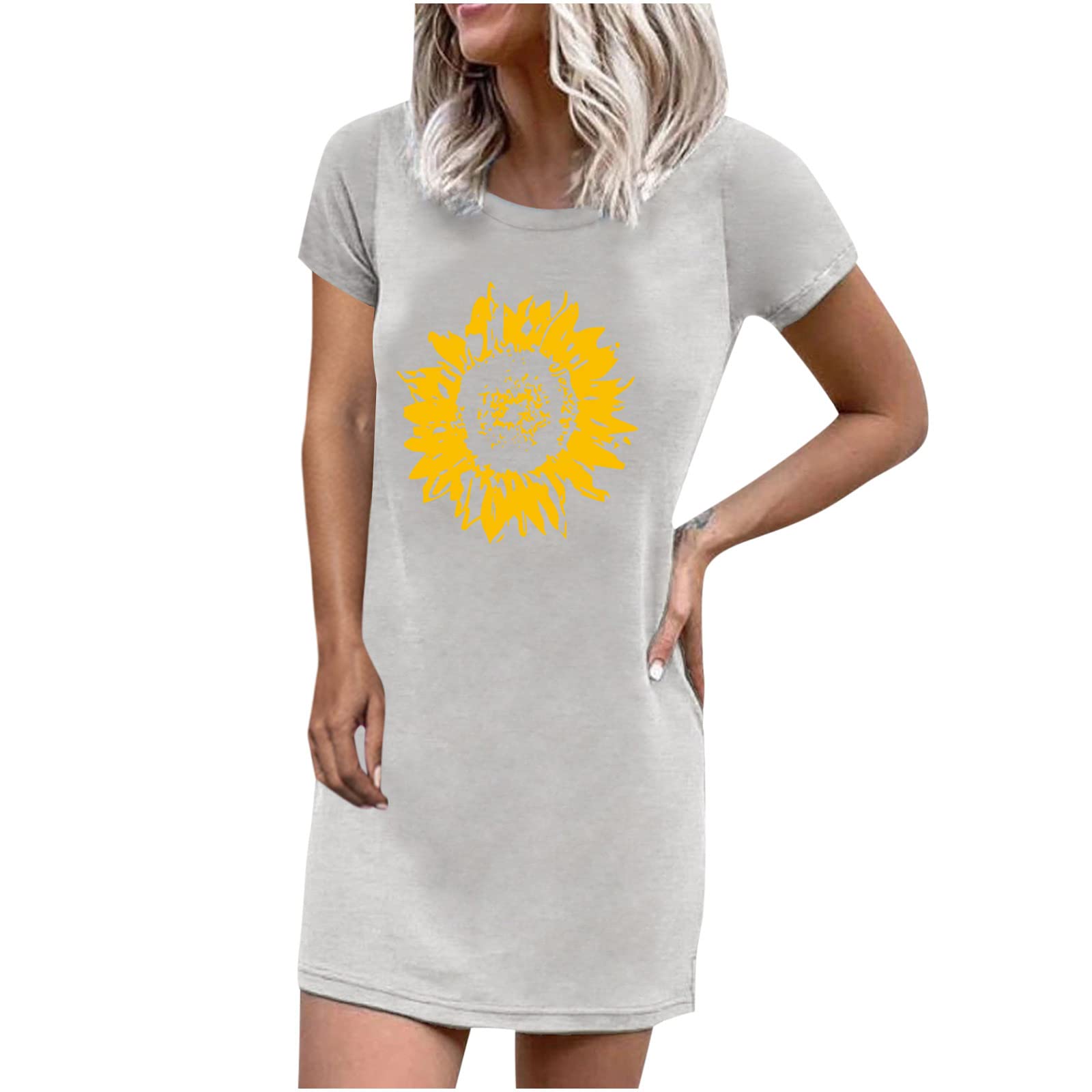Stylish Women's Summer Dresses - Fashion Casual Round Neck Sunflower Print Short Sleeve Mini Dress in Plus Sizes | Perfect for Beach Outings, Vacations & Date Nights