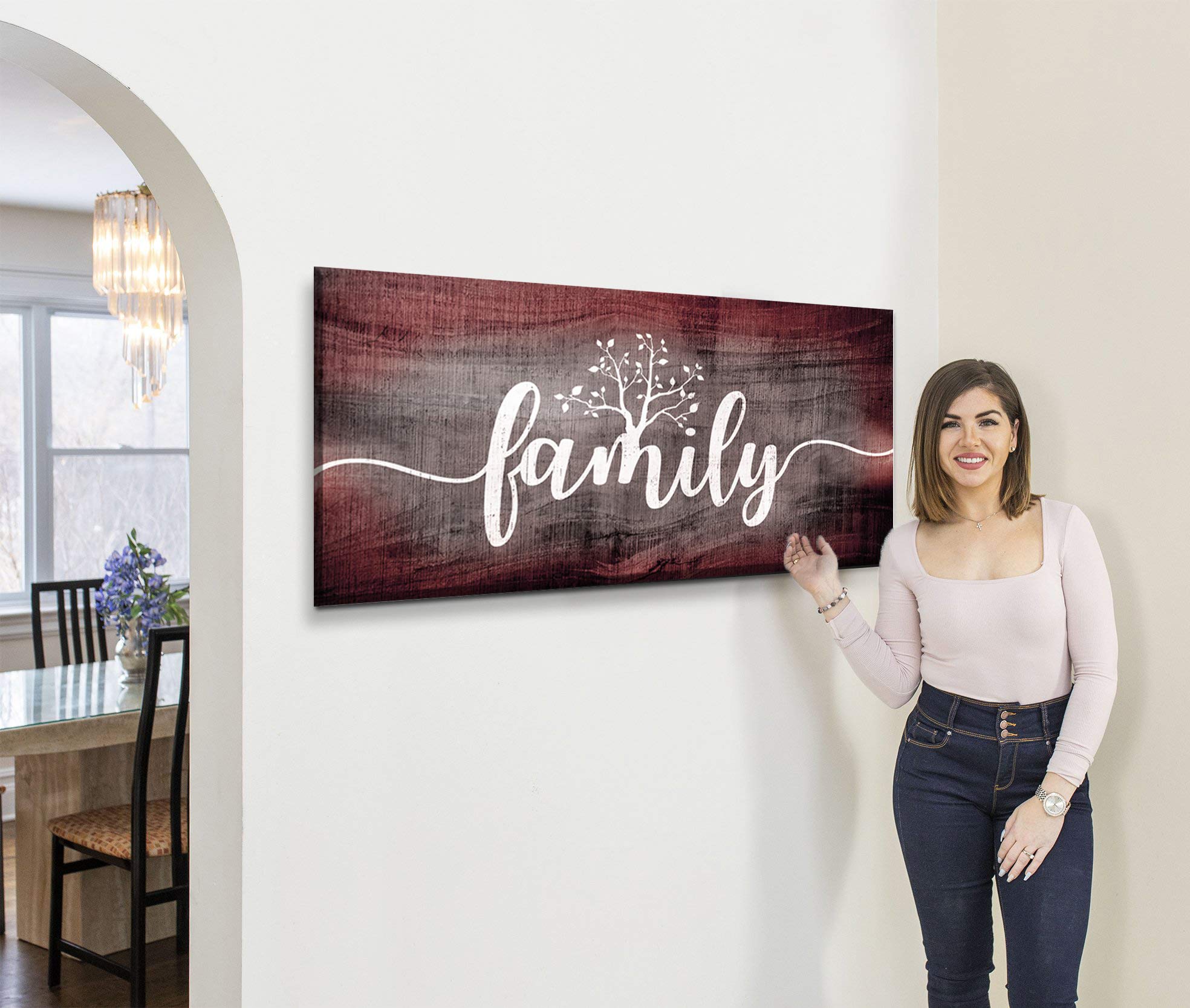 Farmhouse Family Word Sign Wall Art - Large 42x19 Inches Ready to Hang Living Room Decor - Wine Red Country Style Hanging Wall Decor for Home, Bedroom & Entryway