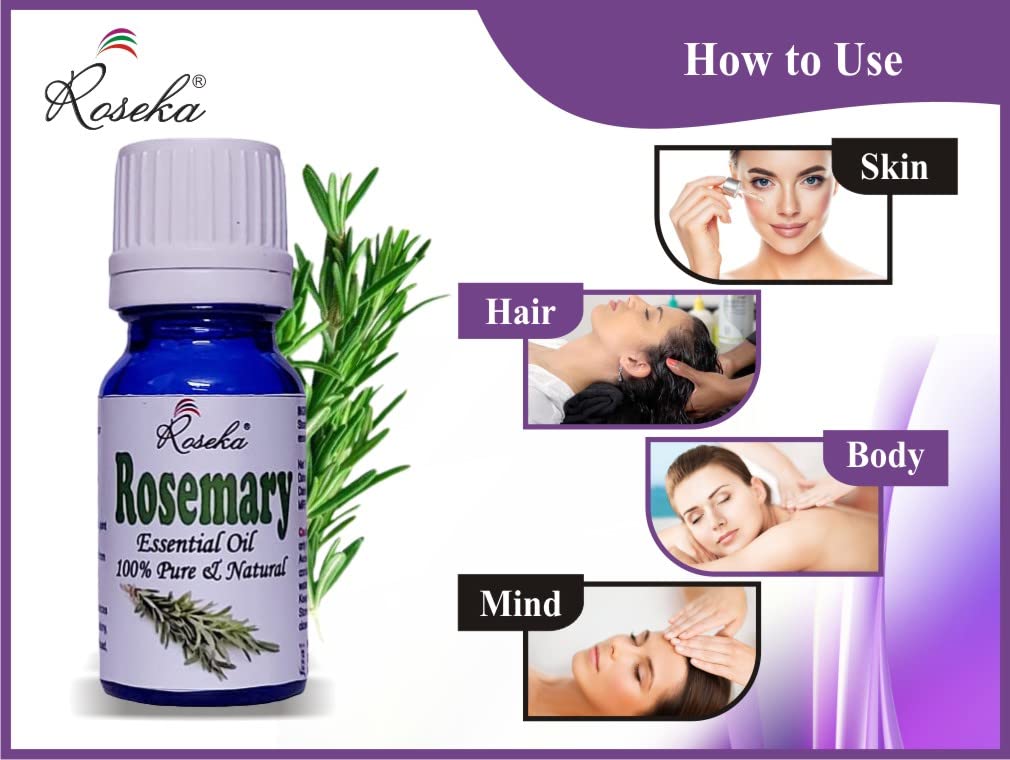 Roseka 100% Pure Rosemary Essential Oil (Rosmarinus officinalis) - 10ml Therapeutic Grade Steam Distilled for Hair Growth, Skin Care & Body | Natural Aromatherapy for Relaxation, Massage & DIY Beauty Products
