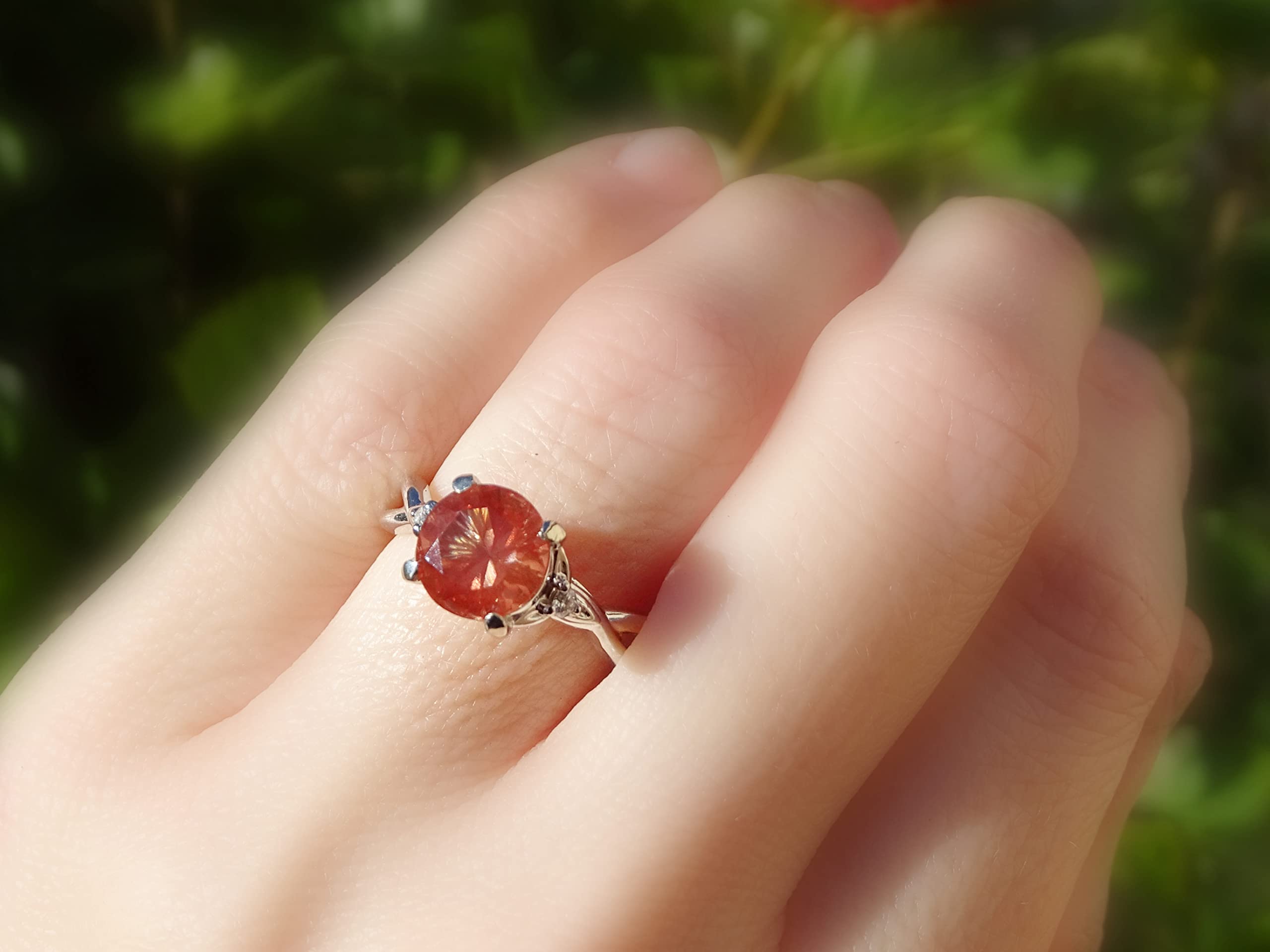 Oregon Sunstone Ring in White Gold - Diamond Accented Sunstone Engagement Ring with Schiller Effect, Elegant Three Stone Jewelry for Women | Perfect Anniversary Gift for Her, Ideal for Weddings, Proposals, and Special Occasions