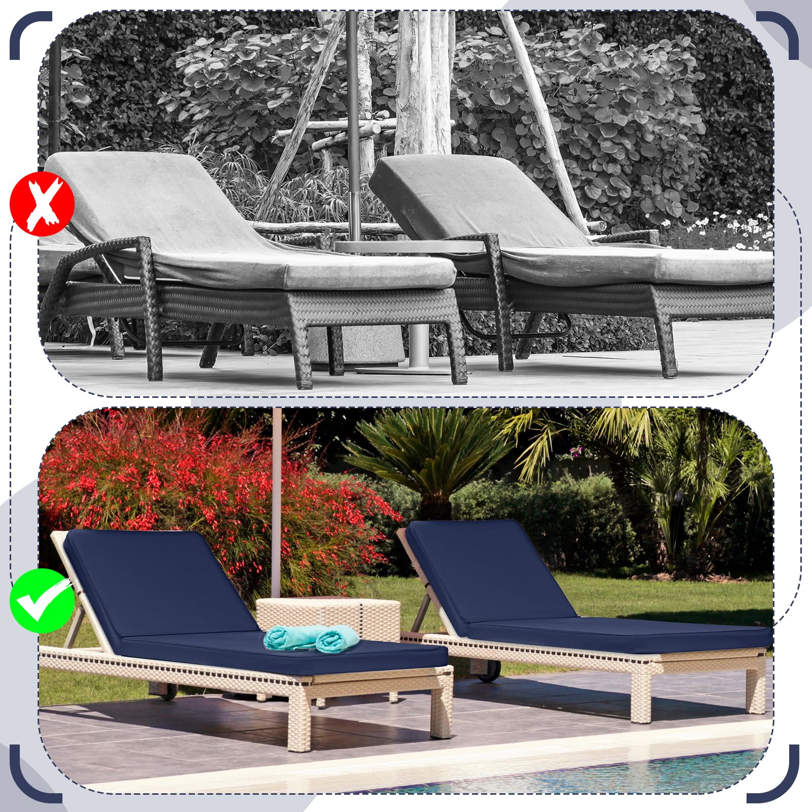 Ganeen Waterproof Chaise Lounge Cover 72x21x3in - Outdoor Cushion Slipcover with Zipper & Ties for Patio, Lawn, Poolside - Navy Blue (1 Piece) - Perfect for Sun Protection & All-Weather Use