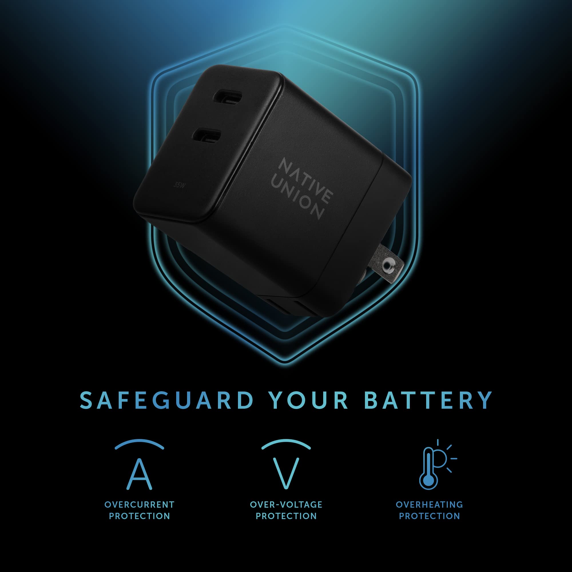 Native Union Fast GaN Charger PD 35W - Compact USB-C Wall Charger for iPhone 16 Series, Samsung S24 | Fast Charging Power Adapter for Phones, Tablets | Perfect for Travel, Office & Home Use (Black)
