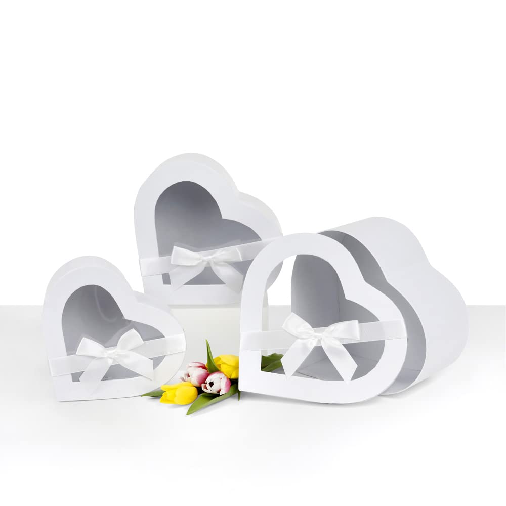 Premium Heart Shaped Flower Gift Box Set of 3 - Luxury Floral Arrangement Boxes with Lids - White Gift Packaging for Valentine's Day, Weddings & Special Occasions - Ships from USA