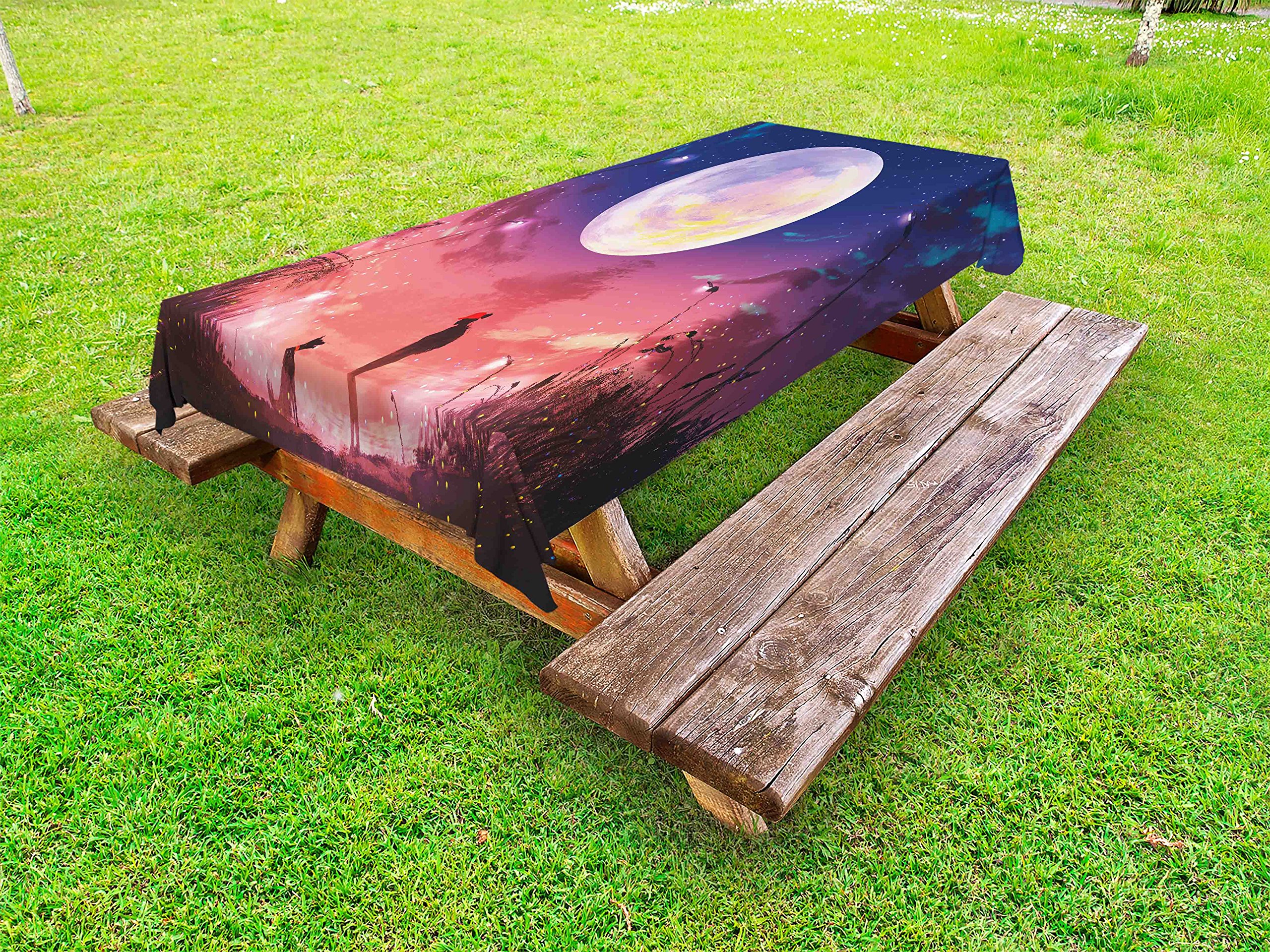 Ambesonne Fantasy Outdoor Tablecloth - Young Woman with Dog Under Moon & Starry Sky Design, Washable Picnic Table Cover 58x120 Inches, Navy Coral - Perfect for Backyard BBQs, Garden Parties & Outdoor Dining