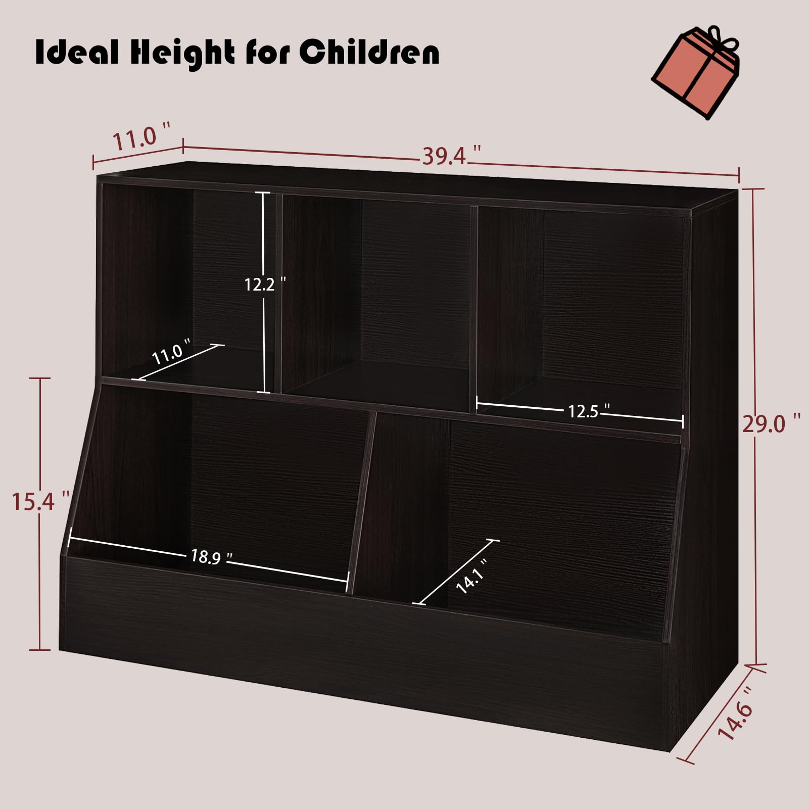 DINZI LVJ 5-Cubby Wooden Toy Storage Organizer & Kids Bookshelf - Espresso Finish, 39.4