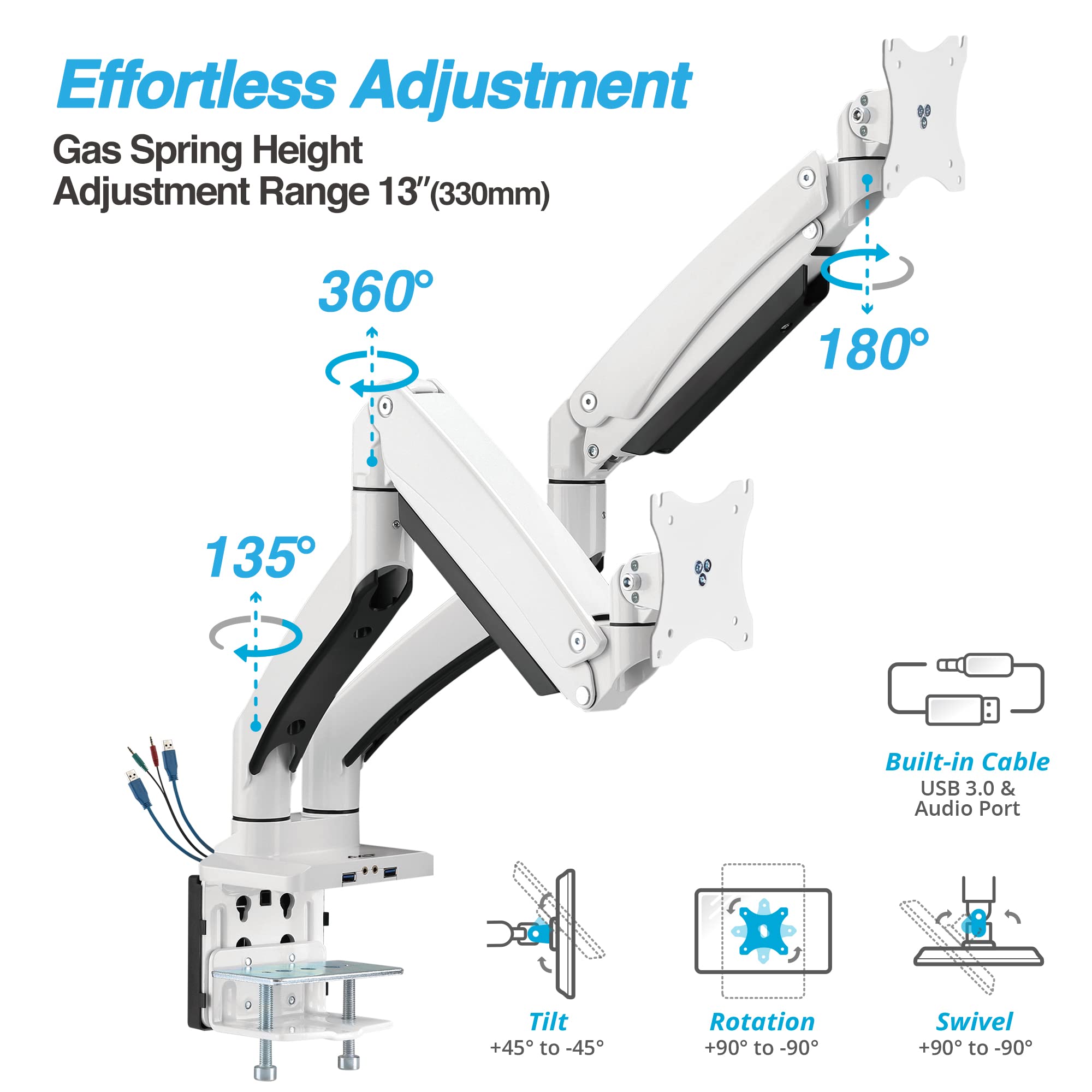 AVLT Dual Monitor Arm 13-43 Inch - Adjustable Full Motion Desk Mount for 2 Flat or Curved Screens with Height, Swivel, Tilt & Rotation - White (VESA 75x75/100x100) - C-Clamp/Grommet Mount & Cable Management - Perfect for Home Office, Gaming Setup & Workstation
