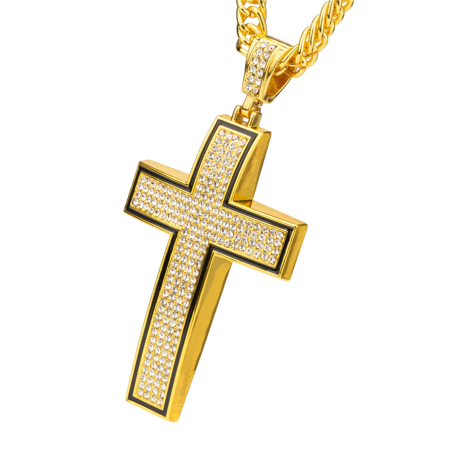 MCSAYS Iced Out Bling Hip Hop Jewelry - Full Crystal Cross Pendant with Golden Cuban Chain - Religious Christian Necklace for Men & Women - Perfect Gift for Birthday, Christmas & Hip Hop Fashion Accessories