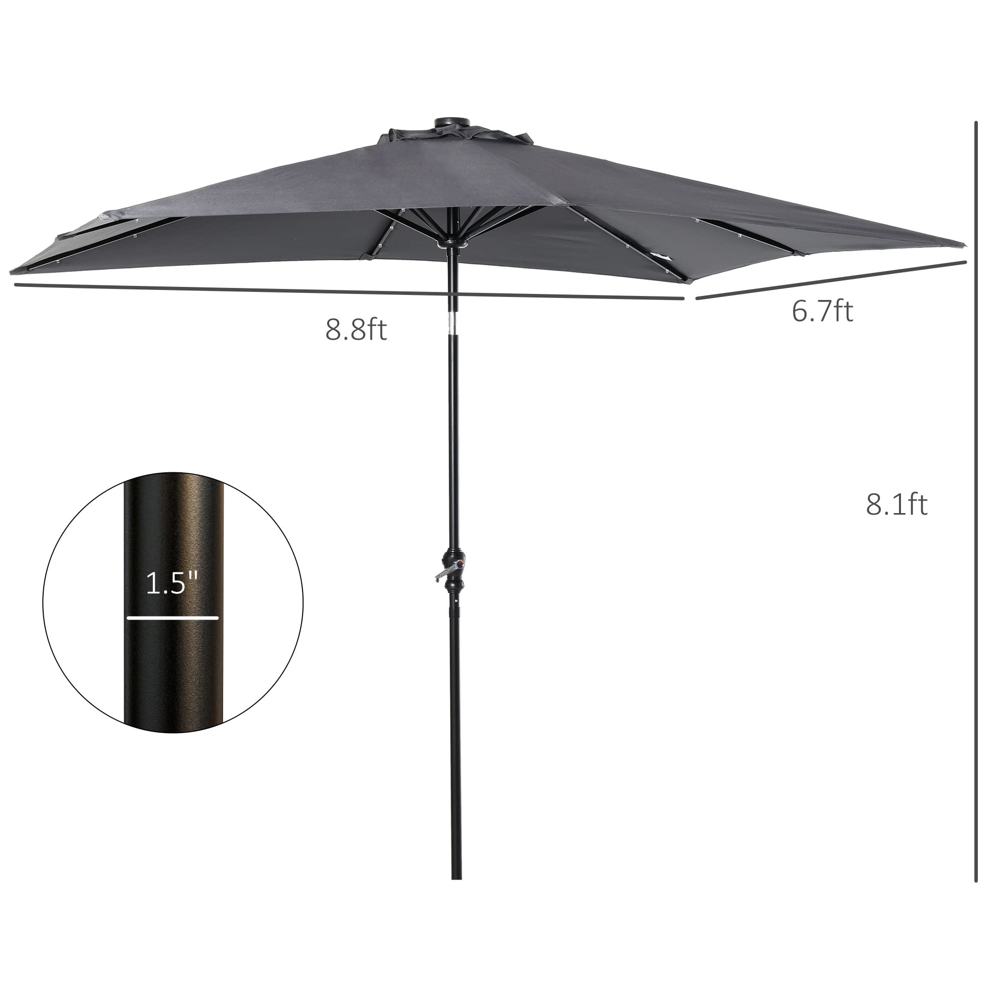 Outsunny 9' x 7' Solar LED Patio Umbrella with Tilt & Crank - Waterproof Outdoor Market Umbrella for Garden, Deck, Backyard, Pool, Beach - Perfect for Dining, Lounging, and Outdoor Entertaining