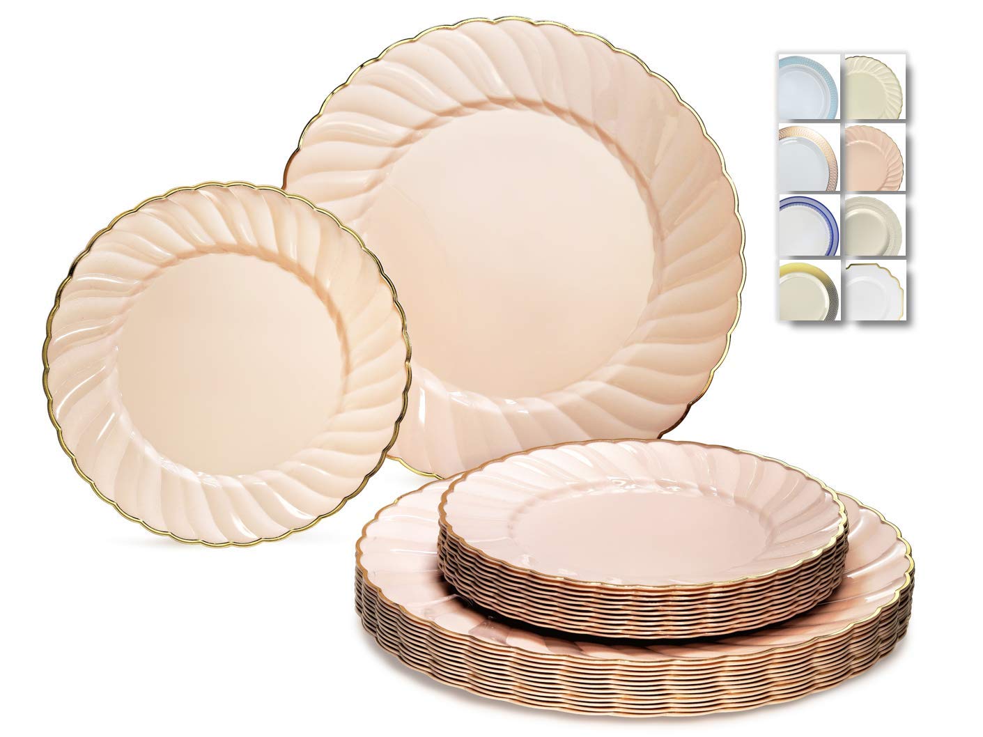 240-Pack Premium Vintage Disposable Plastic Plates Set for Weddings & Parties - 120 x 10.25'' Dinner Plates + 120 x 7.5'' Salad/Dessert Plates in Blossom Blush Pink & Gold - Elegant Tableware for Wedding Receptions, Bridal Showers, Anniversary Celebrations & Formal Events