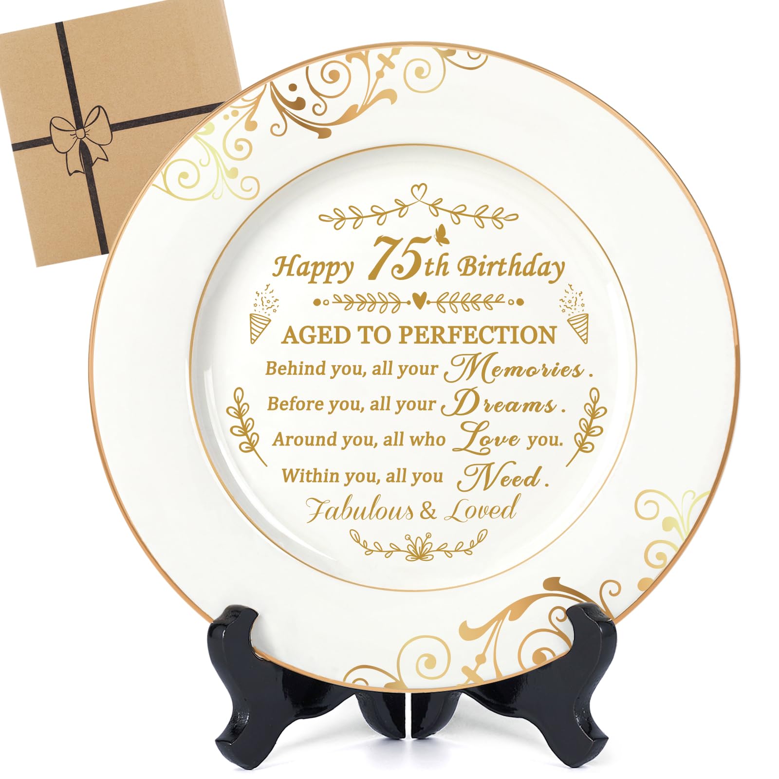 75th Birthday Gifts for Women & Men - Elegant 9 Inch Commemorative Plate with 24K Gold Foil Decorations | Perfect Retirement Gift for Parents, Wife, Husband | Great for Milestone Celebrations & Home Decor