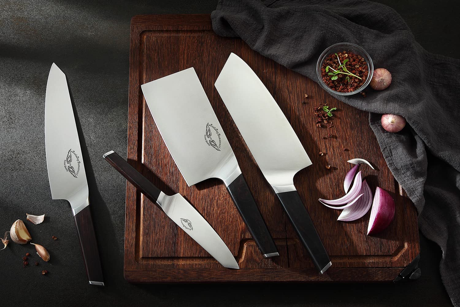 Premium Damascus 7-Piece German Stainless Steel Kitchen Knife Set with Walnut Wood Block - Professional Chef Knives for Cooking, Slicing, Chopping - Perfect for Home Kitchens & Culinary Gifts