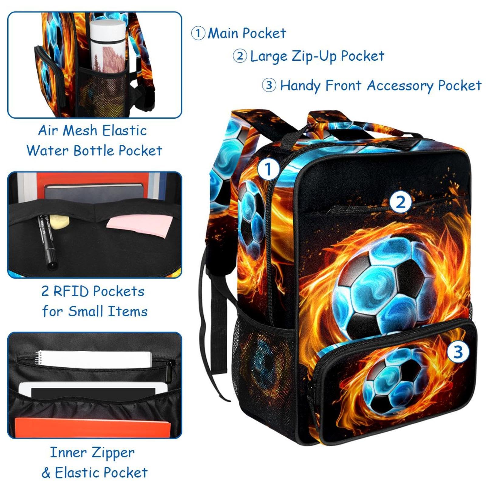 Best Travel Backpack for Men & Women - Lightweight Durable Hiking Backpack with Flaming Football Design - Perfect for Camping, Gym, Work & School