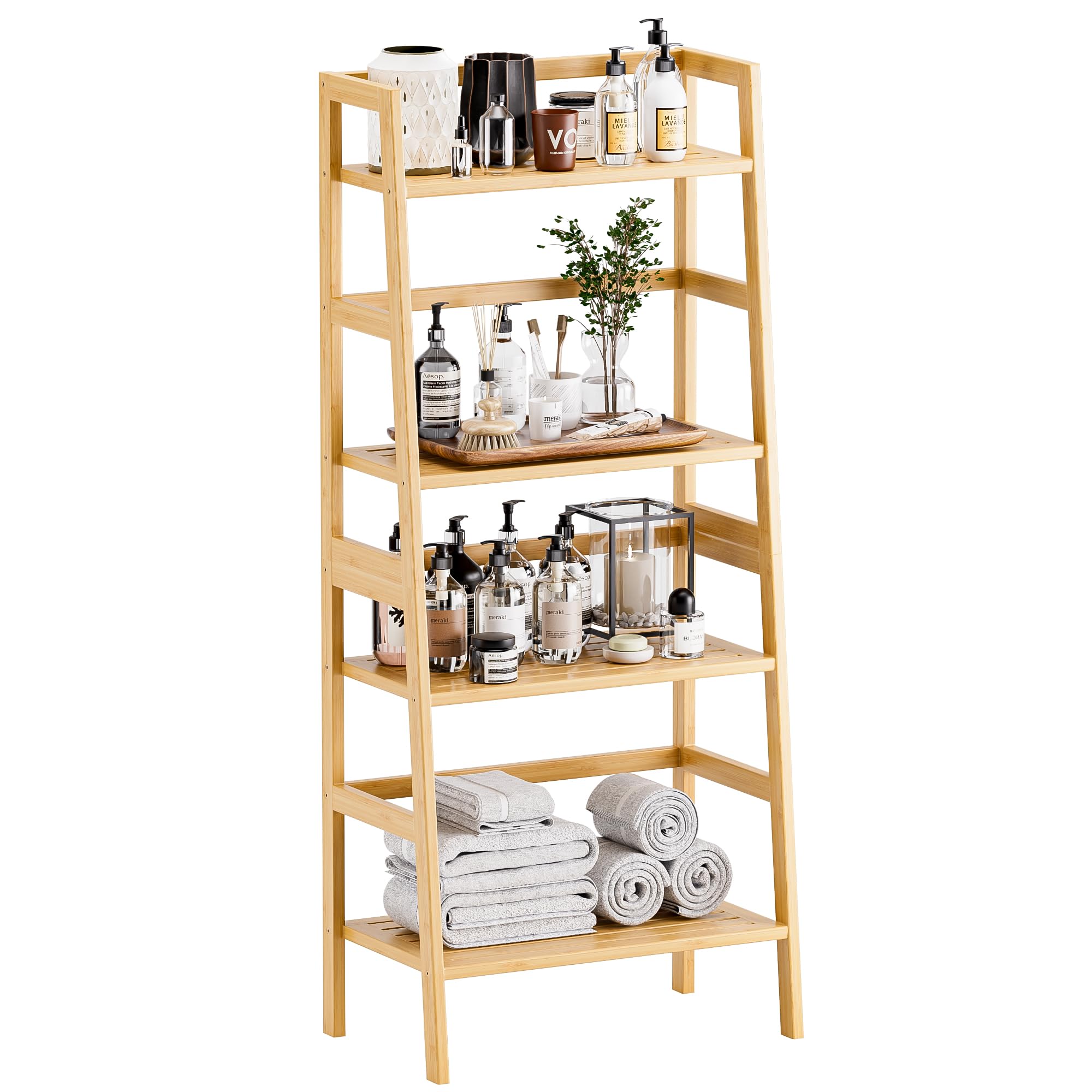 HITNET 4-Tier Bamboo Ladder Shelf - Leaning Bookcase & Storage Organizer for Books, Plants & Home Decor | Freestanding Display Rack for Living Room, Office, Kitchen | Natural Wood Finish | Space-Saving Home & Office Storage Solution