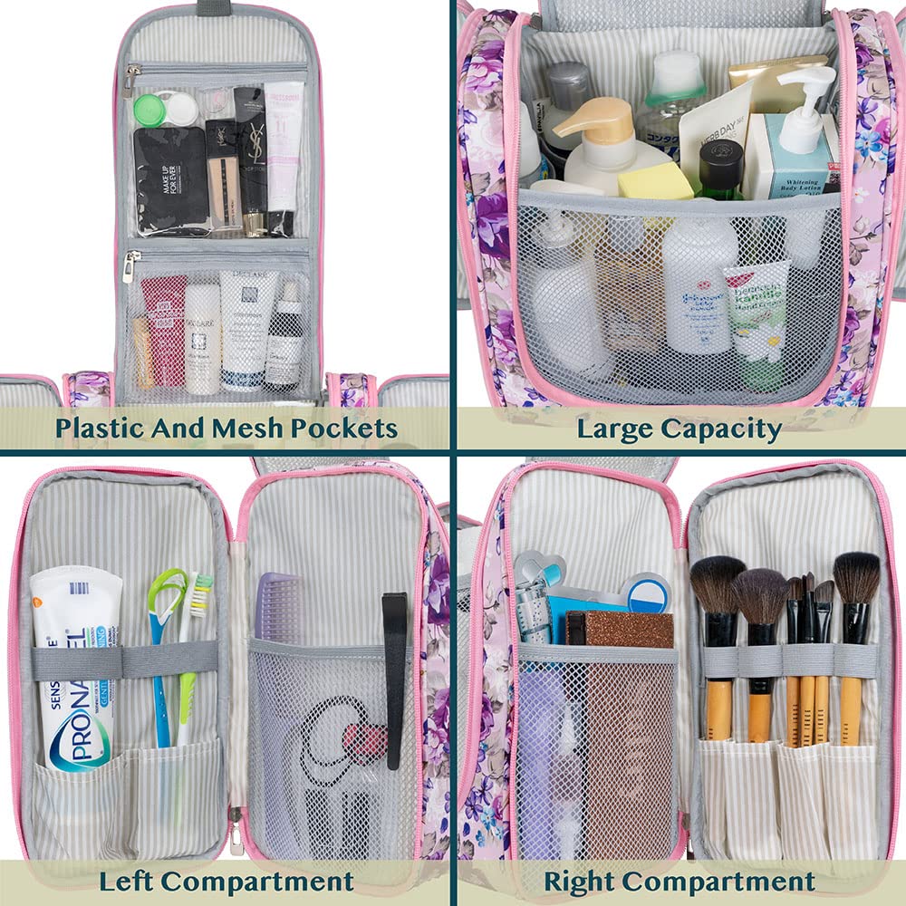 PAVILIA Large Hanging Toiletry Bag - Waterproof Travel Cosmetic Organizer for Women & Men - Floral Pink for Trips & Gyms