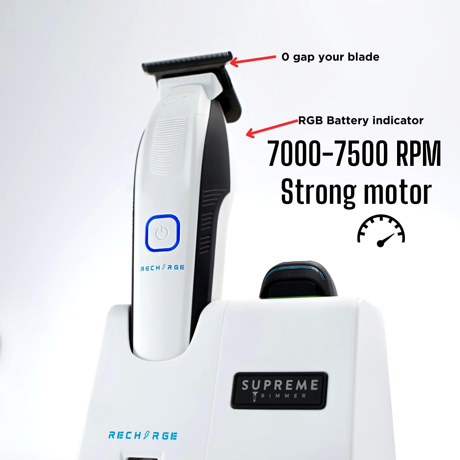 Professional Supreme Trimmer ST777 - Cordless Rechargeable Zero Gap Hair Clipper for Barbers & Stylists | 7500 RPM High Power, Removable Lithium Battery, Smart USB Charging Stand with Phone Charger (White) | Perfect for Salon, Home Haircuts & Beard Trimming