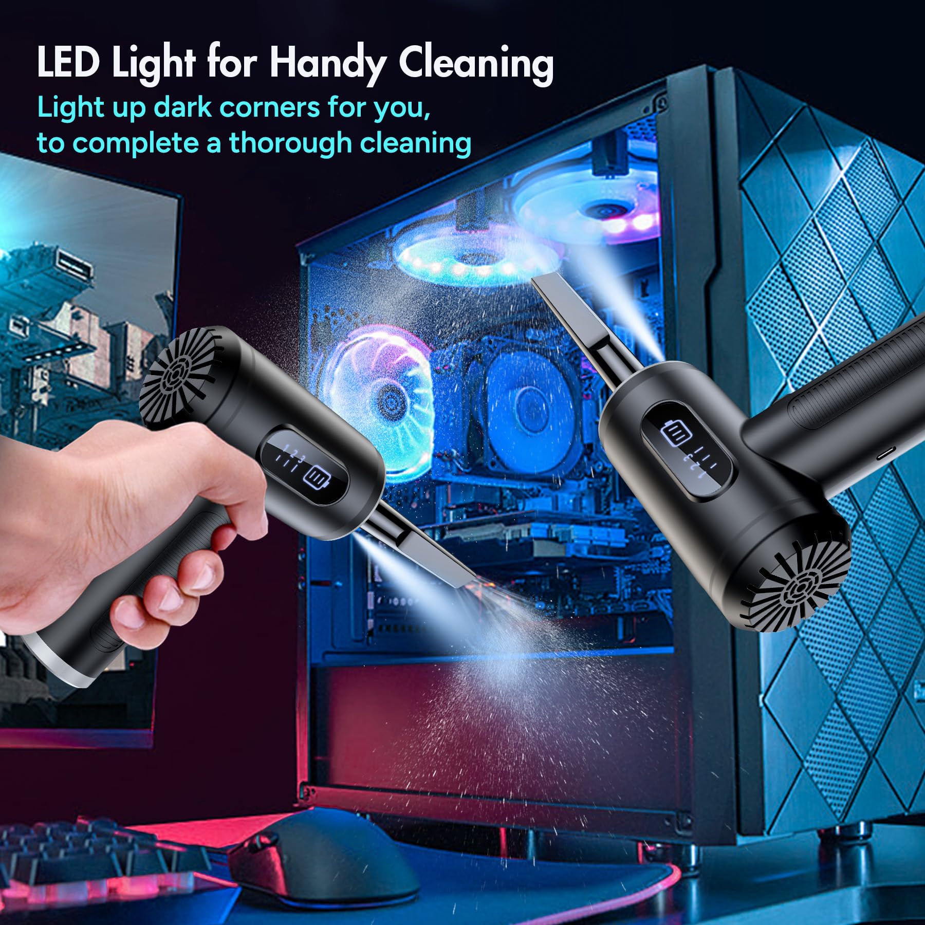 Electric Compressed Air Duster & Vacuum 2-in-1 - 50000RPM Cordless Air Blower for Electronics, PC Keyboard Cleaning, 6000mAh Rechargeable with LCD Display - Perfect for Computer Maintenance, Office Cleaning & Home Use