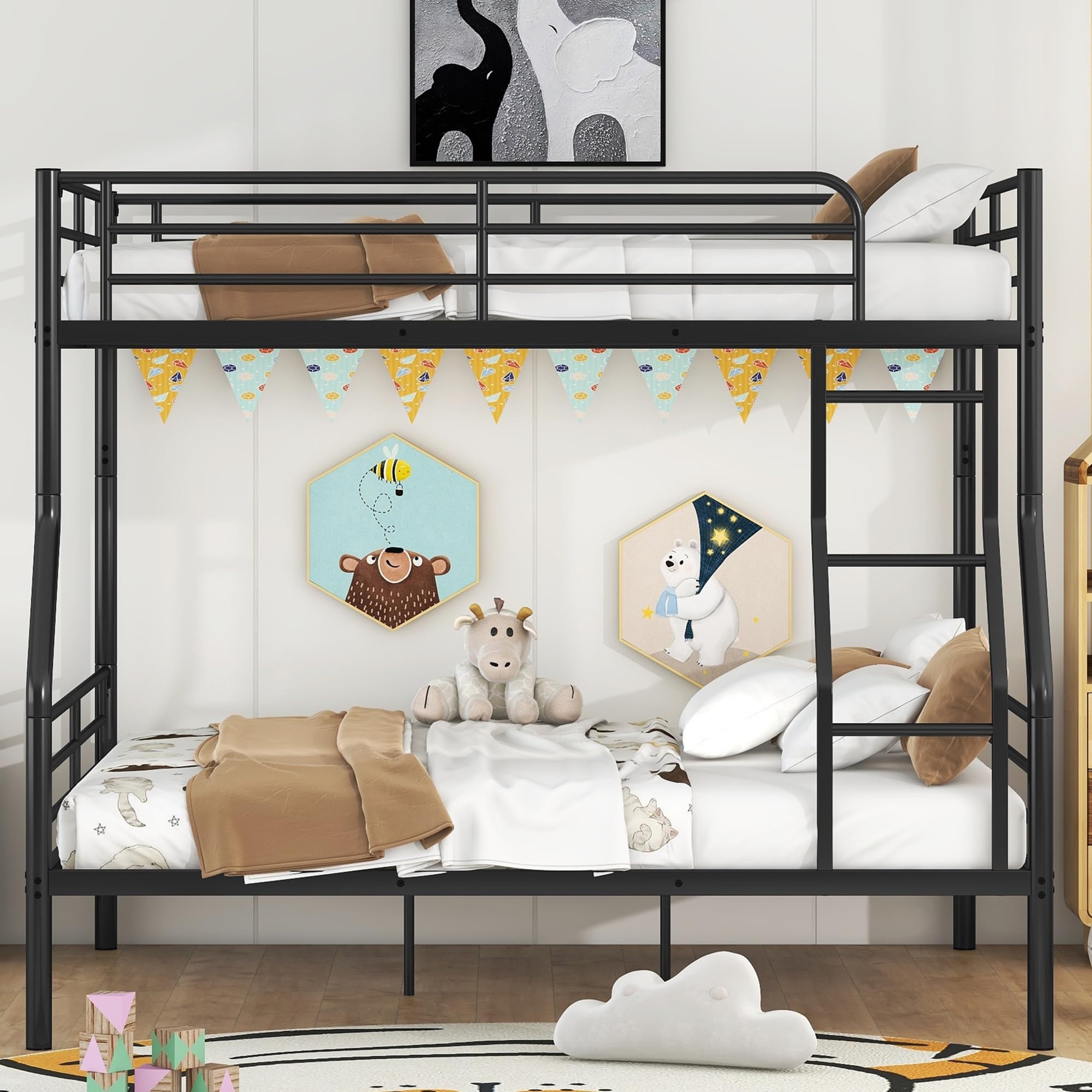 Full XL Over Queen Bunk Bed with Built-in Ladder & Guardrail - Heavy Duty Metal Convertible Bunk Bed for Kids, Teens & Adults - Space Saving Black Bunk Bed for Small Rooms, Dorms, Guest Rooms & Vacation Homes