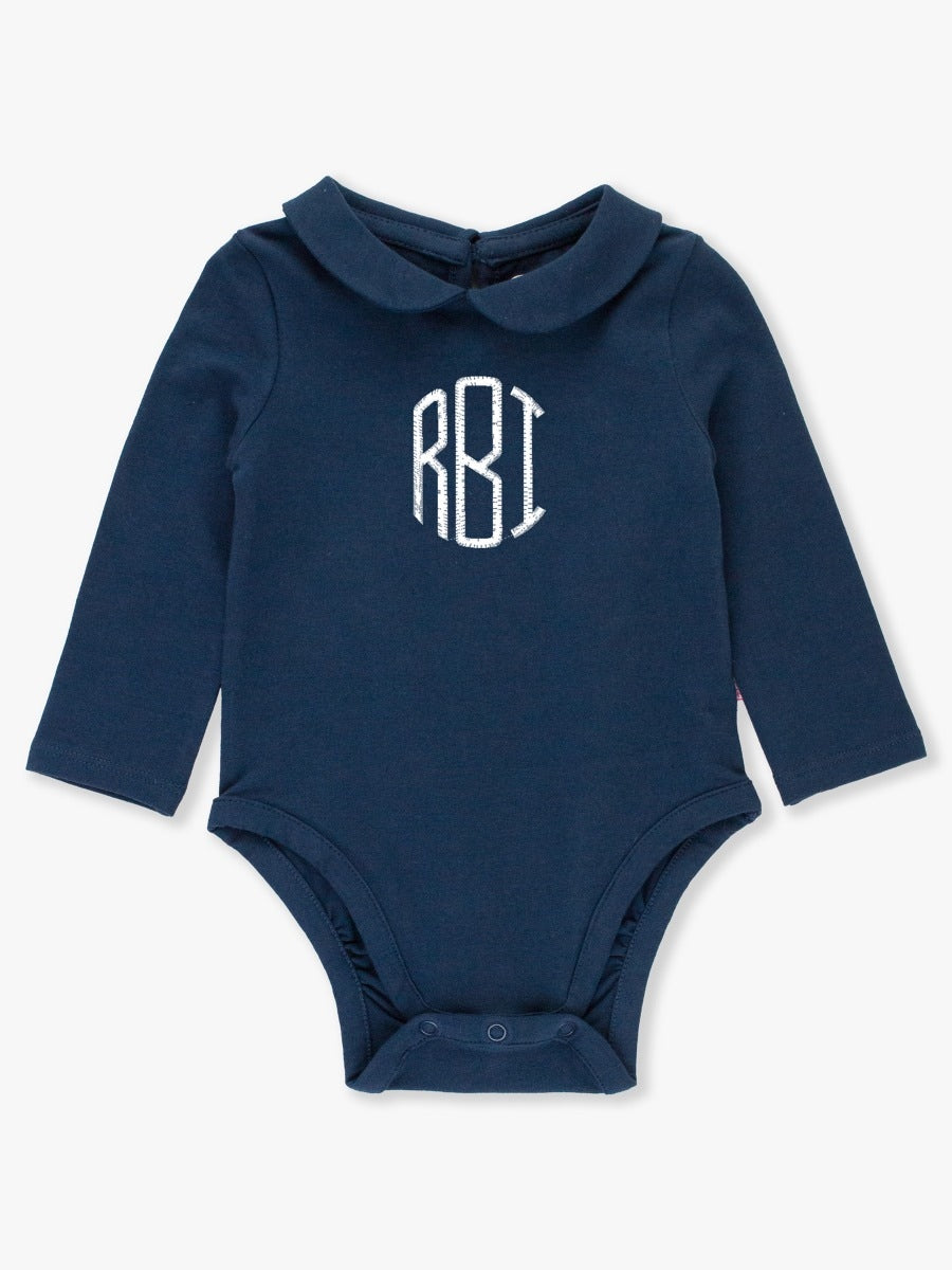 Peter Pan Collar Long Sleeve Bodysuit for Women - Dark Navy Blue Baby Doll Romper | Vintage Style Blouse Top for Casual Wear, Date Night & Photoshoots