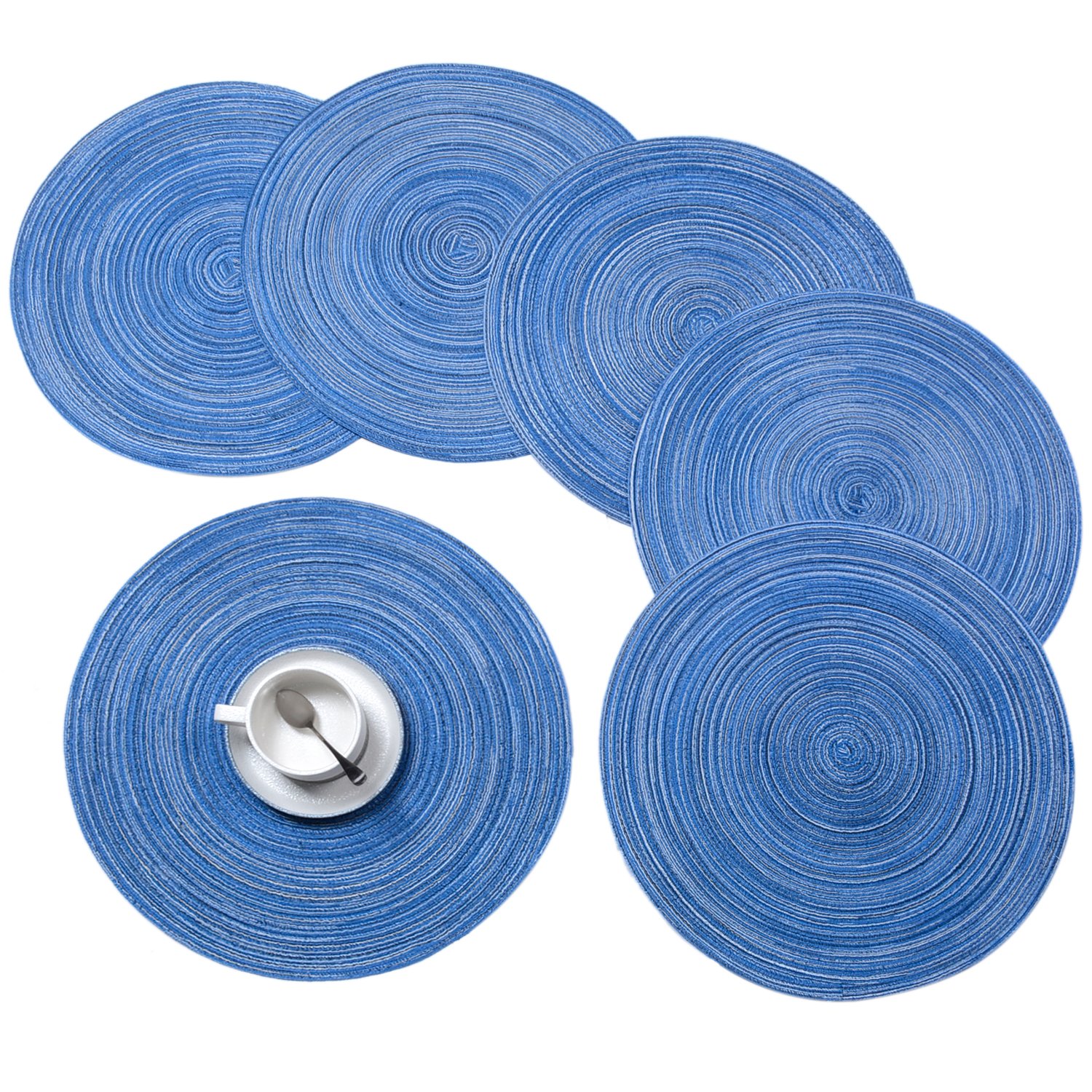 6-Pack Round Braided Placemats - 15 Inch Washable Table Mats for Kitchen & Dining - Blue Home Decor - Perfect for Everyday Use, Dinner Parties, and Holiday Gatherings