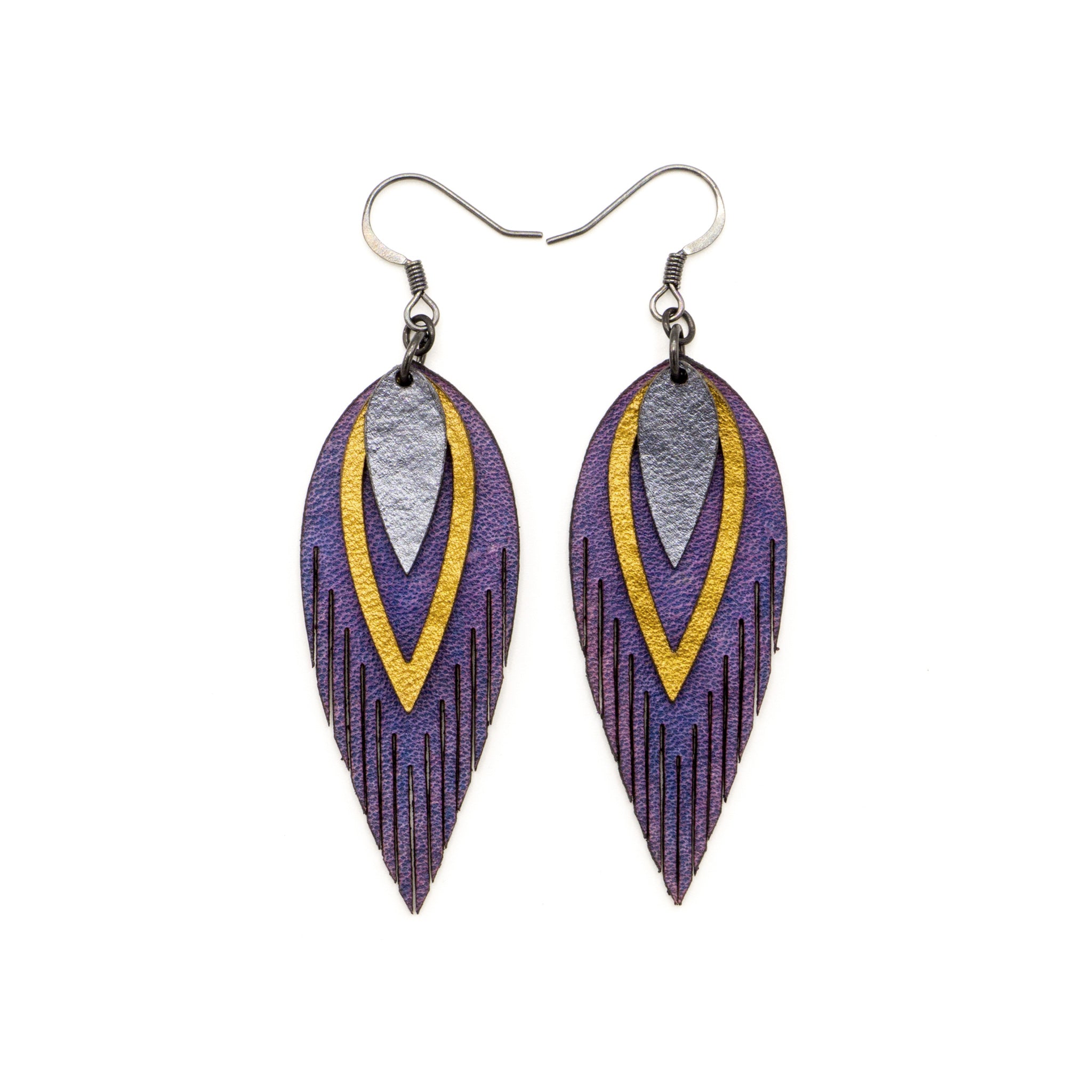 3 Layer Genuine Leather Earrings for Women - Purple, Gold, Silver | Boho Chic Handmade Jewelry for Everyday Wear & Special Occasions