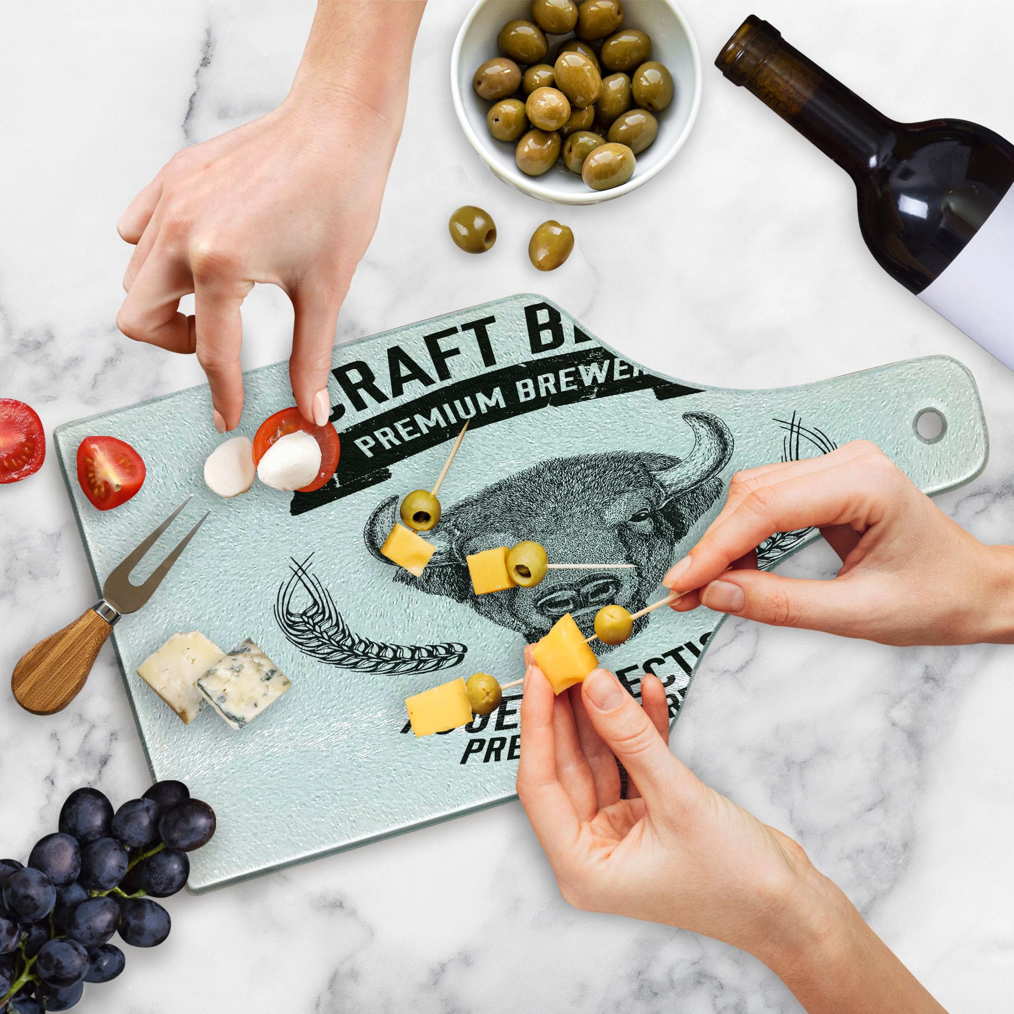 Premium Buffalo Ox Bull Beer Emblem Tempered Glass Cutting Board - Hand Drawn Brewery Design, Decorative Wine Bottle Shape Serving Board for Man Cave, Kitchen & Bar Accessories - Perfect for Entertaining, Charcuterie & Cheese Platters